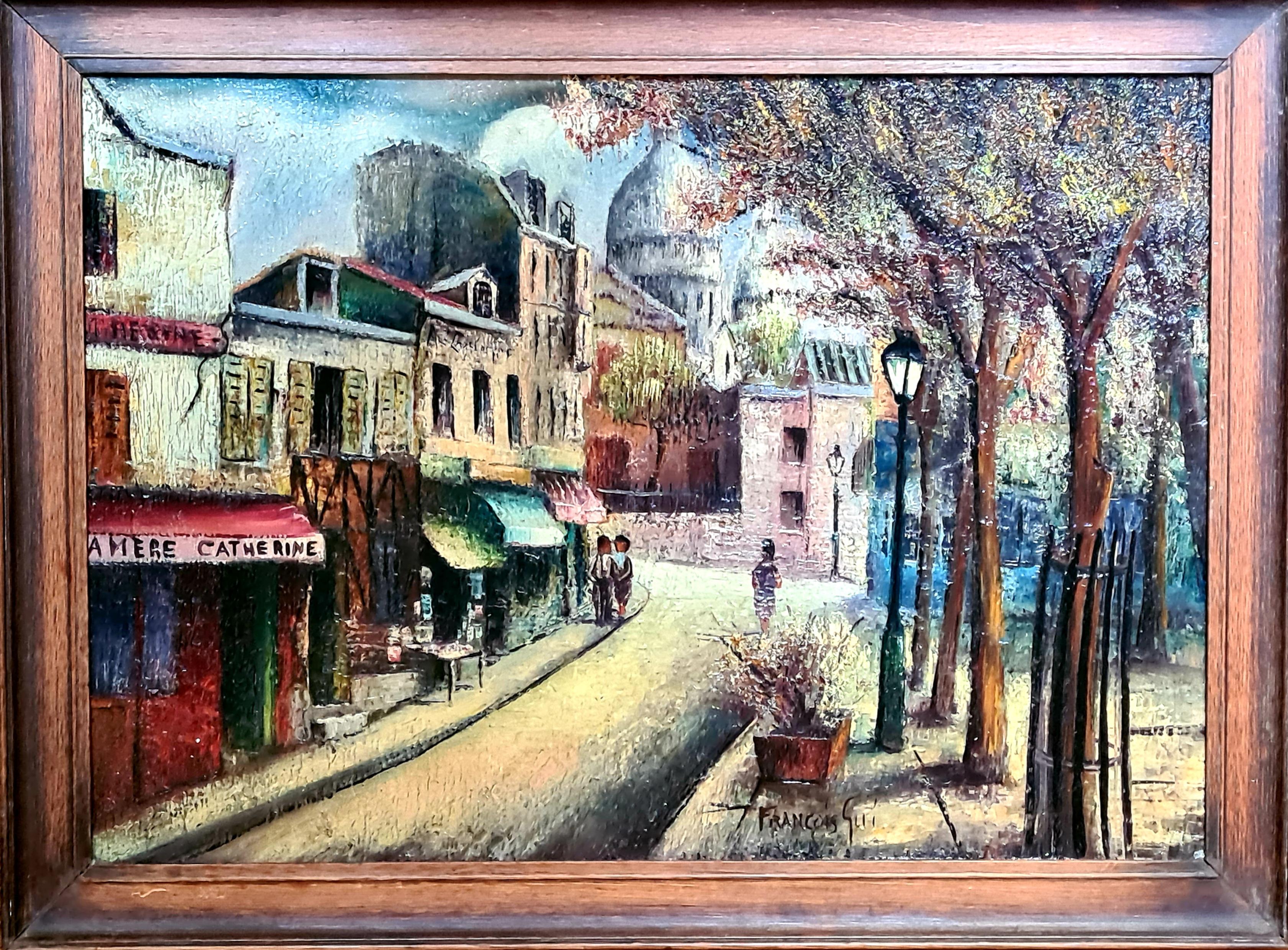 Paris School Cityscape, Circle of Maurice Utrillo, La Mère Catherine Montmartre - Painting by Augustin Francois Guille aka Archiguille