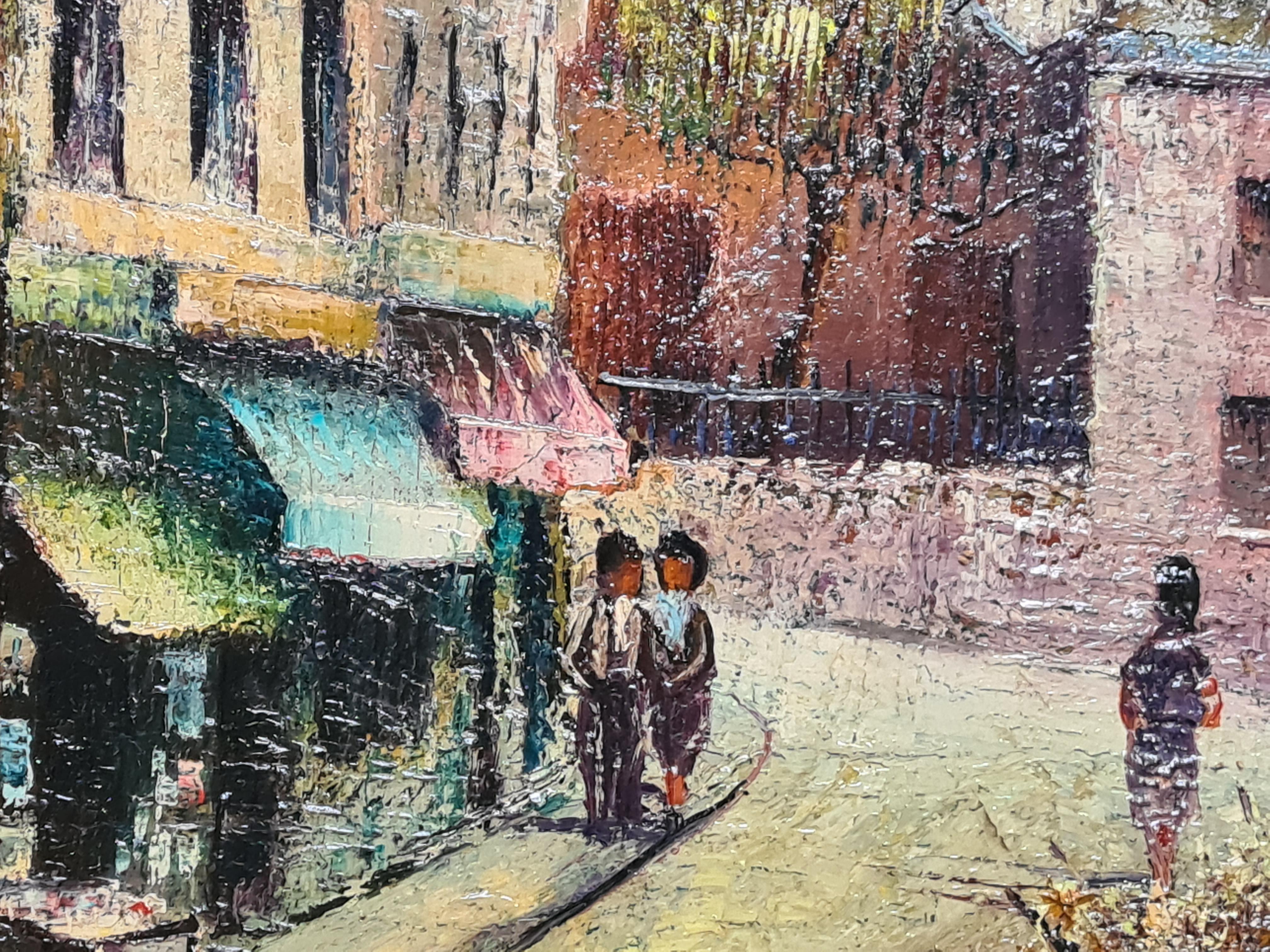 Mid 20th Century Modern oil on canvas cityscape of Place du Tertre and the Basilica Sacré-Cœur in Montmartre, Paris by Augustin Francois Guille aka Archiguille a close friend and collaborator of Maurice Utrillo and Georges Braque. The painting is