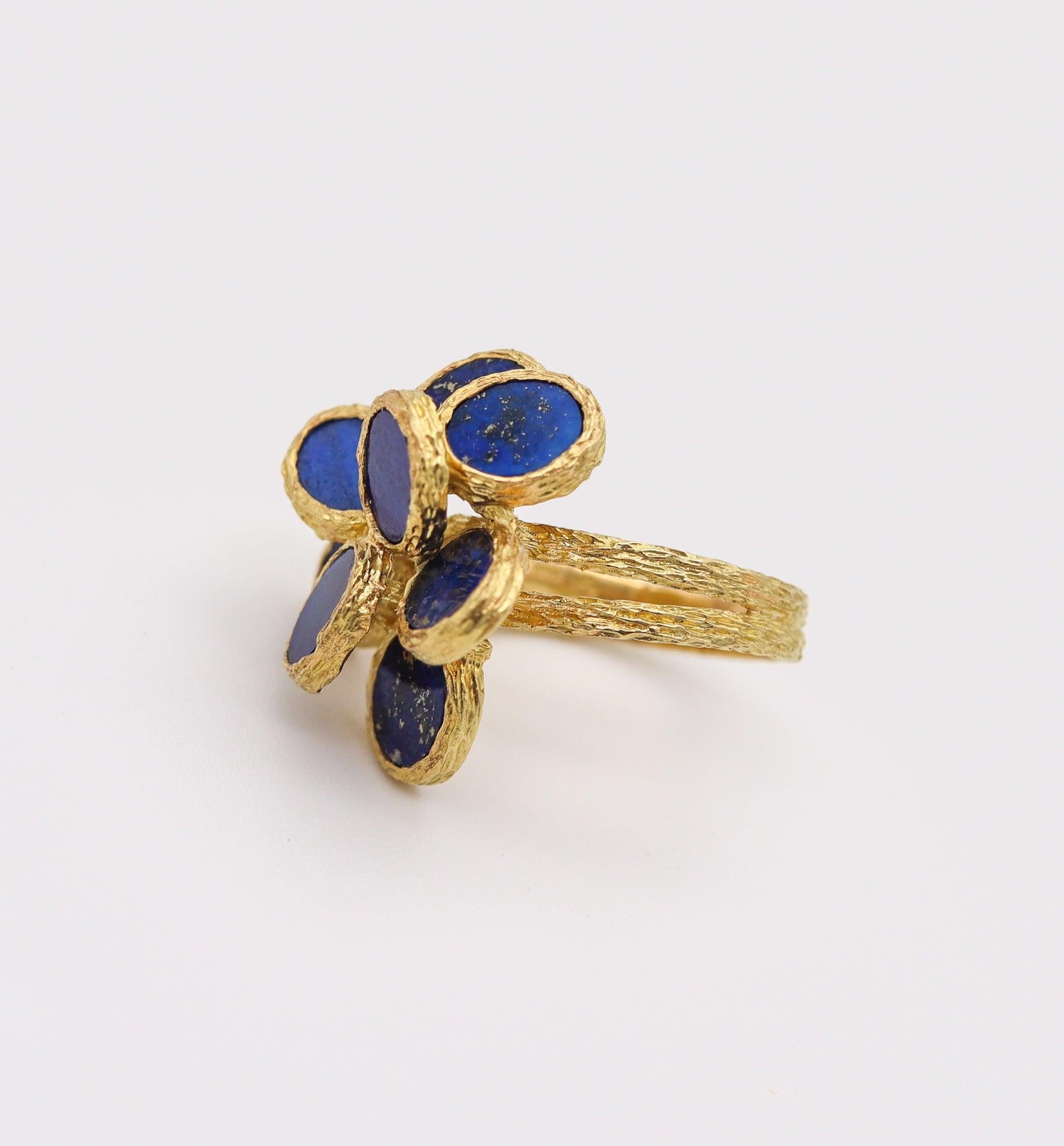 Cabochon AUGUSTIN JULIA PLANA 1960 Swiss Geometric Cocktail Ring In 18Kt Gold With Lapis For Sale