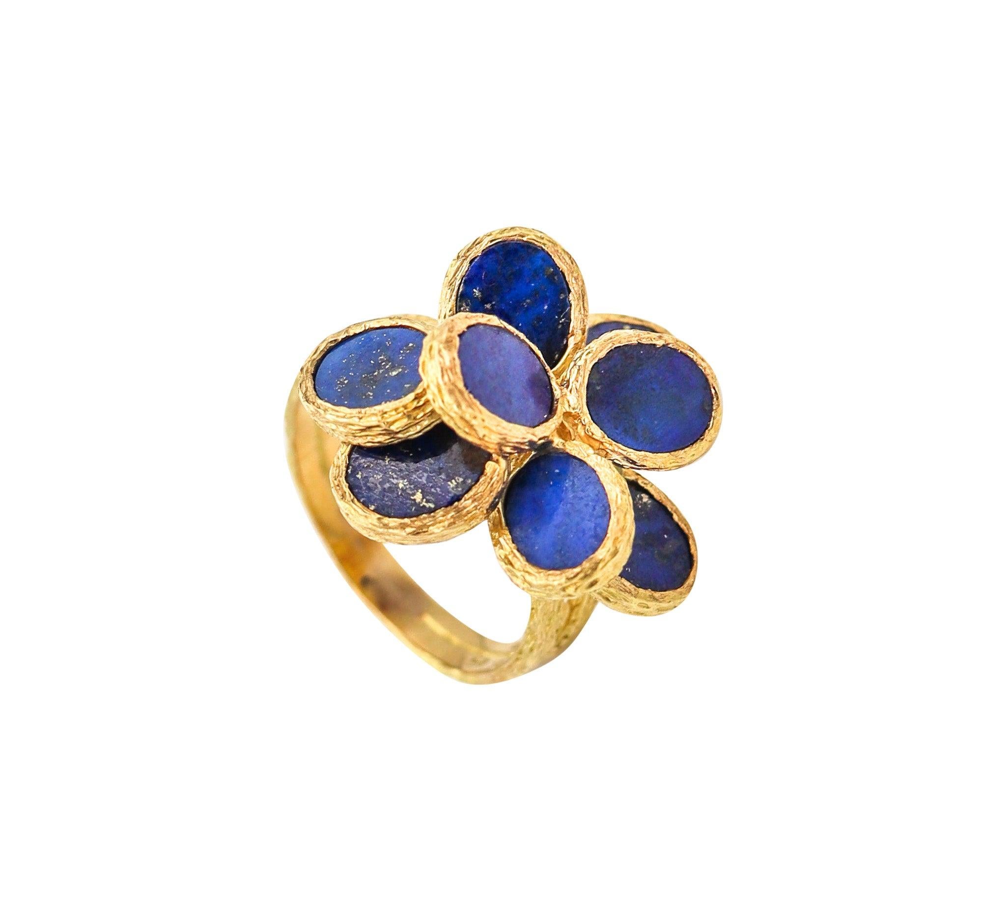 AUGUSTIN JULIA PLANA 1960 Swiss Geometric Cocktail Ring In 18Kt Gold With Lapis For Sale 1