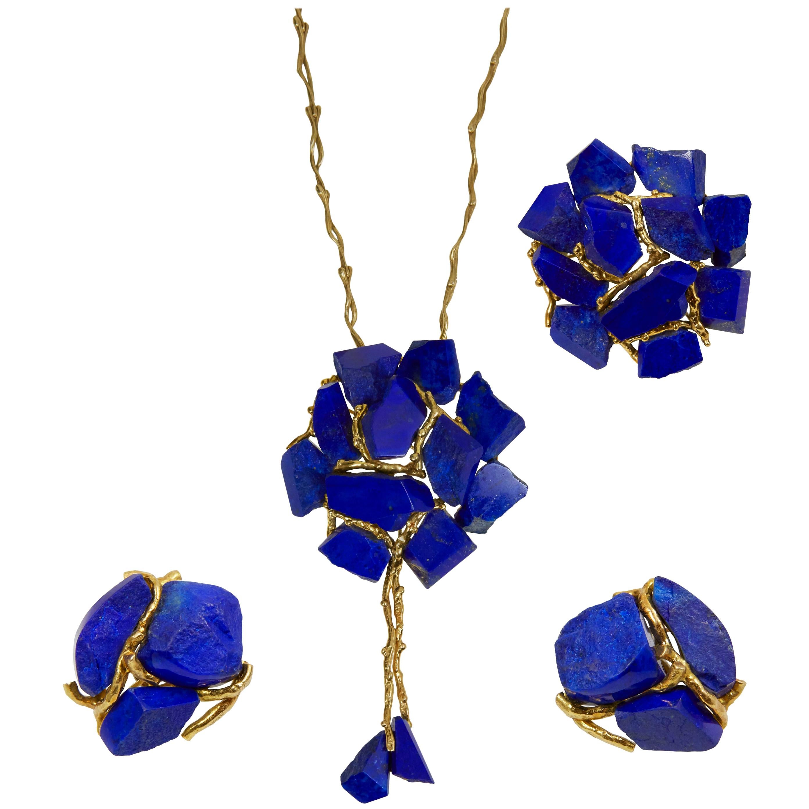 Augustin Julia Plana, Lapis Lazuli and Gold Necklace and Ear Clips Set