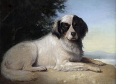 Dog in a landscape French oil painting on canvas 19Th by Augustin Luc Demoussy