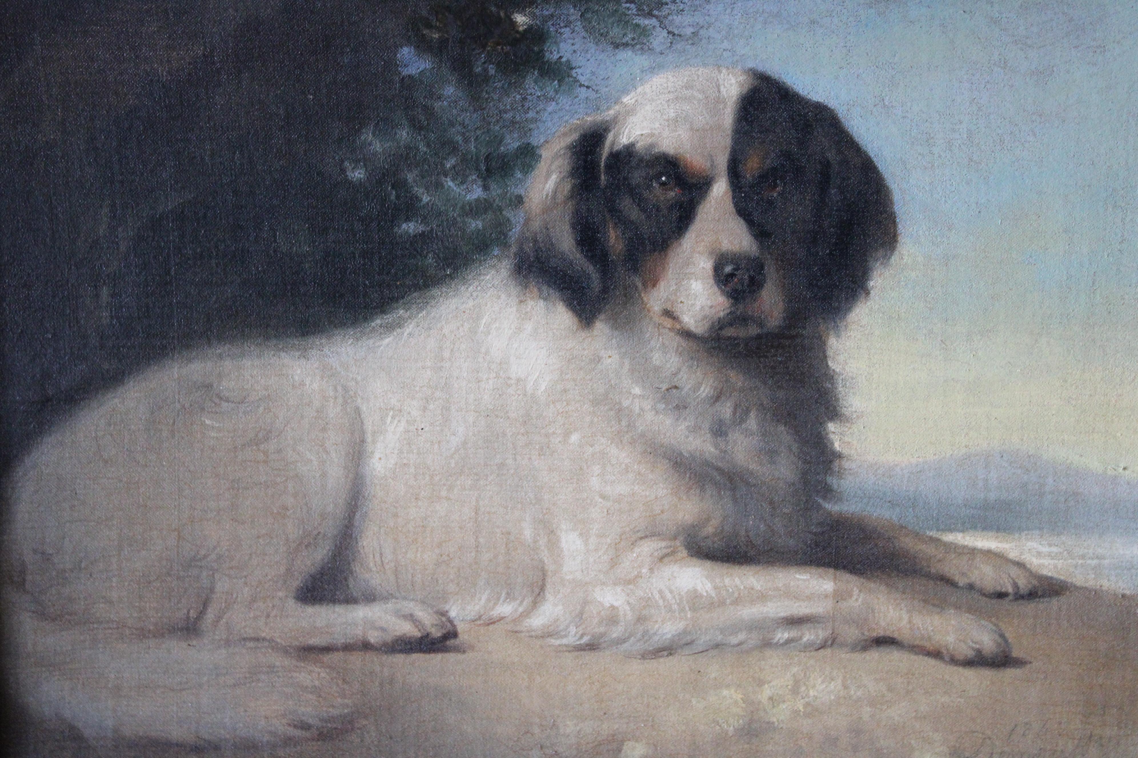 Pintura Antigua Retrato de Perro, Retrato Original Francés de Perro, Perro en Paisaje - Painting de Augustin Luc Demoussy