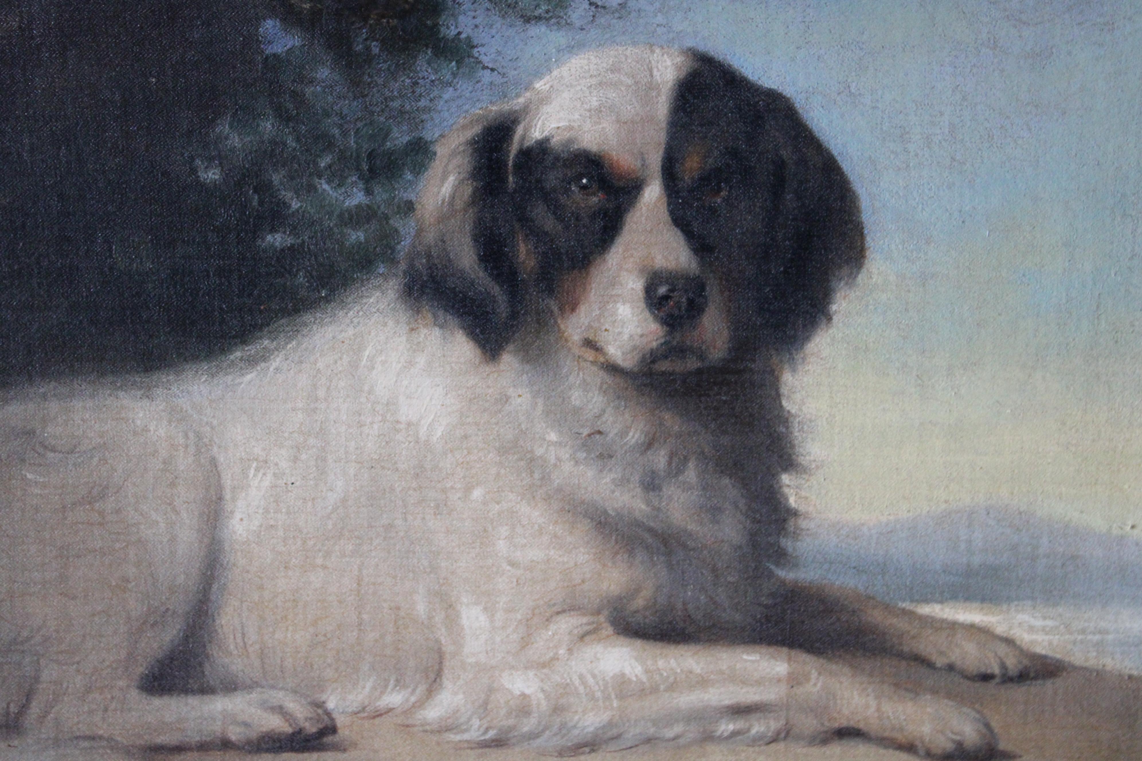 Atractivo óleo original de un perro, obra del conocido artista francés Augustin Luc Demoussy (1809-1880). Un raro retrato de un perro sobre un fondo costero. Los intrincados detalles realmente dan vida a este retrato y es una suerte que el perro sea