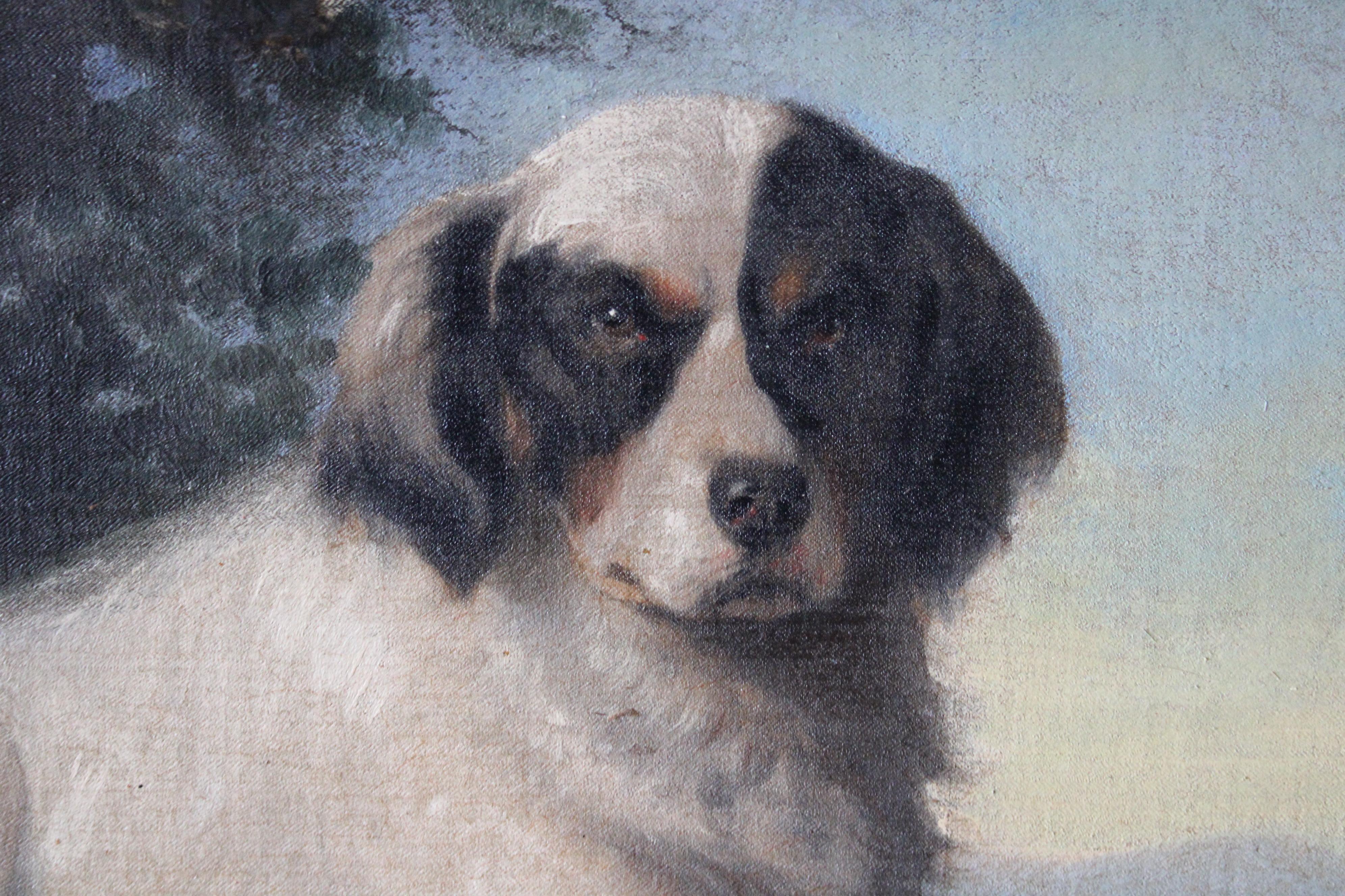 Pintura Antigua Retrato de Perro, Retrato Original Francés de Perro, Perro en Paisaje 1