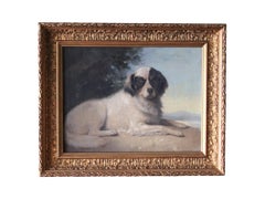 Pintura Antigua Retrato de Perro, Retrato Original Francés de Perro, Perro en Paisaje