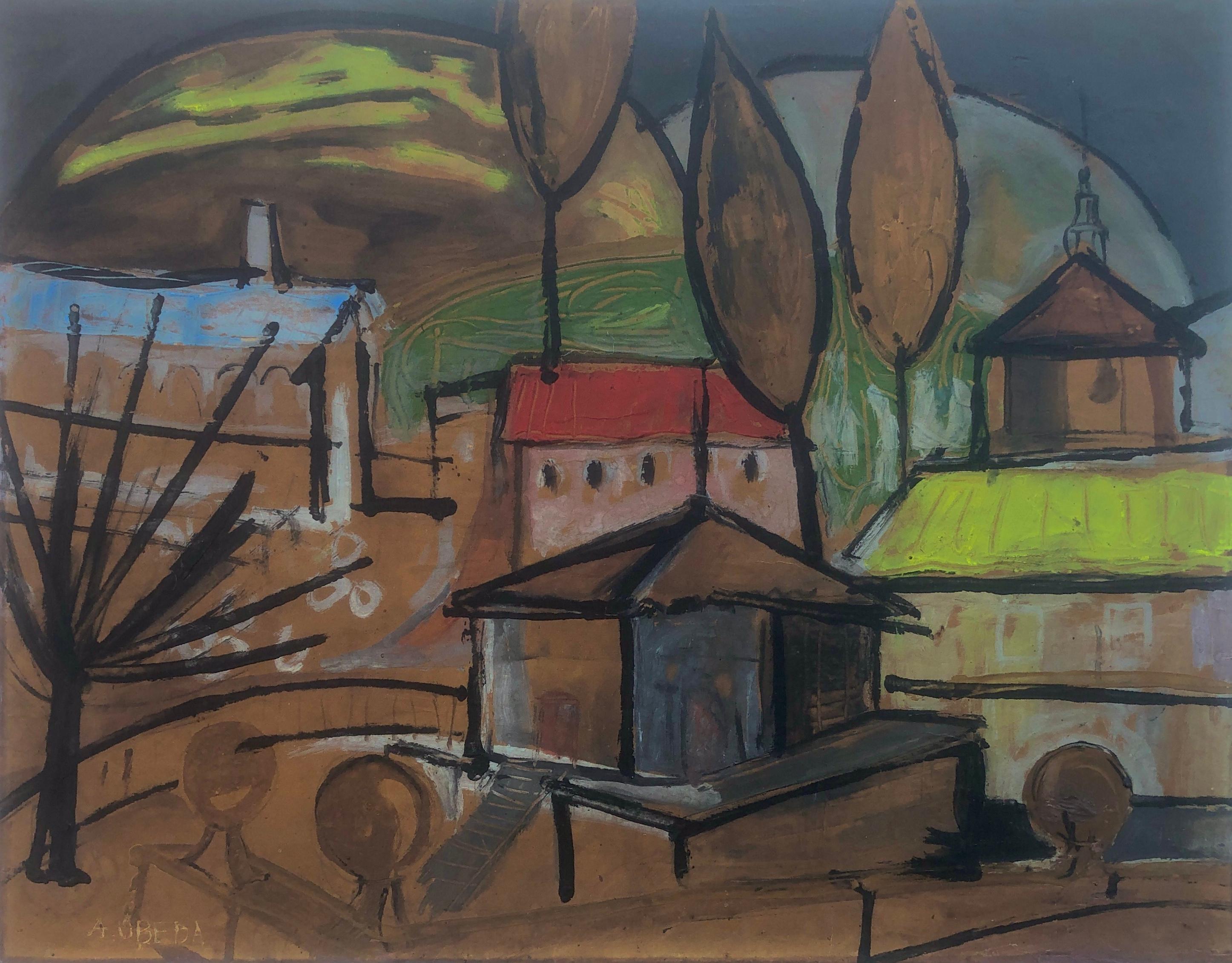 Augustin Ubeda Landscape Painting – Landschaft mit spanischem Dorf, Ölgemälde, Surrealismus, Expressionismus