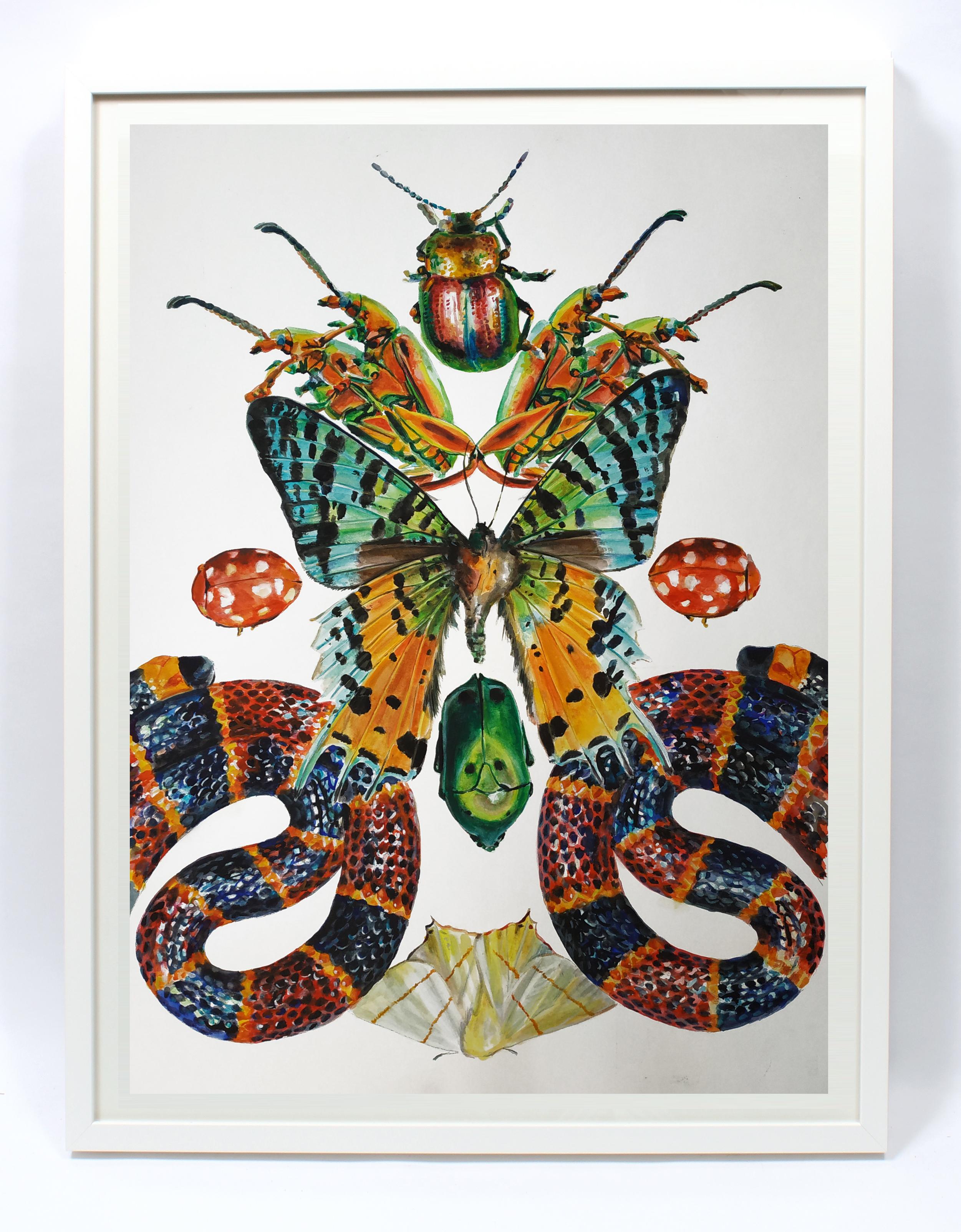 Augustina Droze Still-Life Painting - Contemporary Photorealist Painting Snake Butterfly Animal Colorful Beetles frame