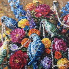 Parrots with Pearls - 21st Century, Oil Painting, Realism, Animal world