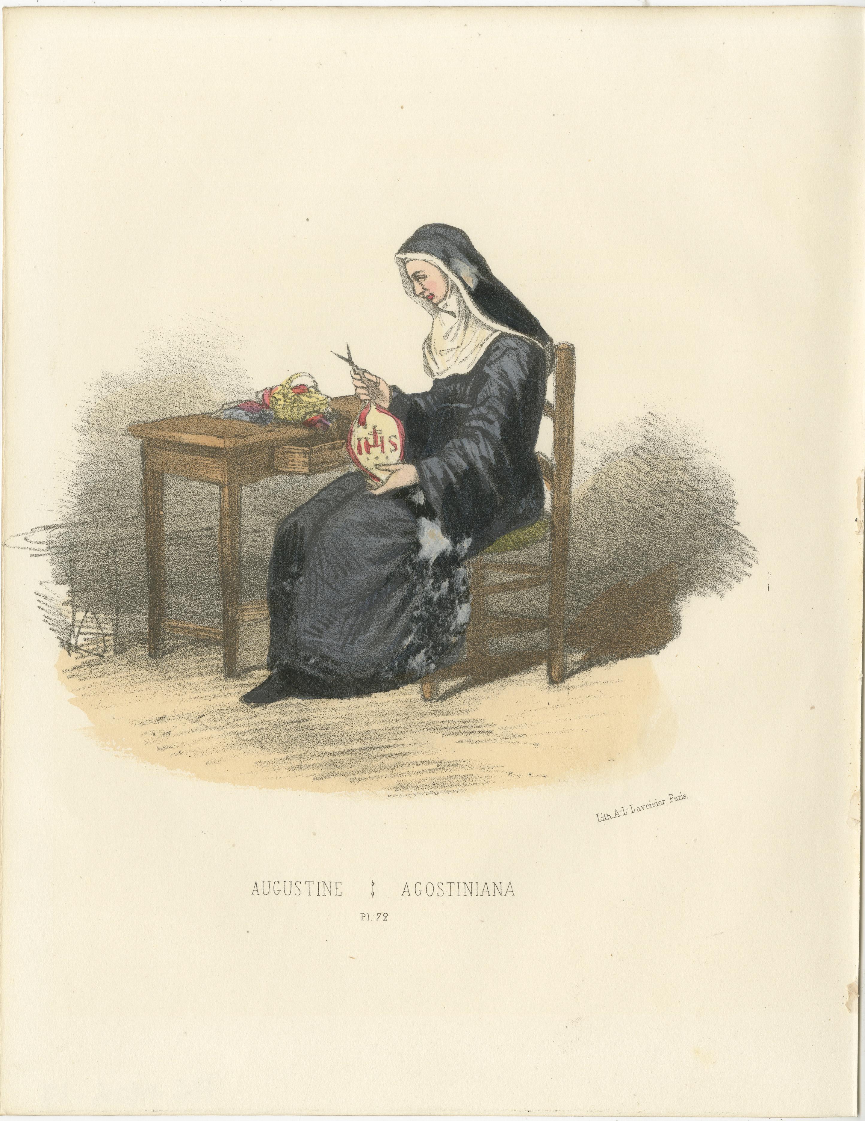 Augustine - 1862 Handkolorierte Lithographie einer Augustinianischen Nun  

Diese handkolorierte Lithografie aus dem Jahr 1862 zeigt eine Augustinernonne bei der Stickerei, die Ausdruck von Hingabe und Fleiß ist. Die Nonne sitzt an einem einfachen