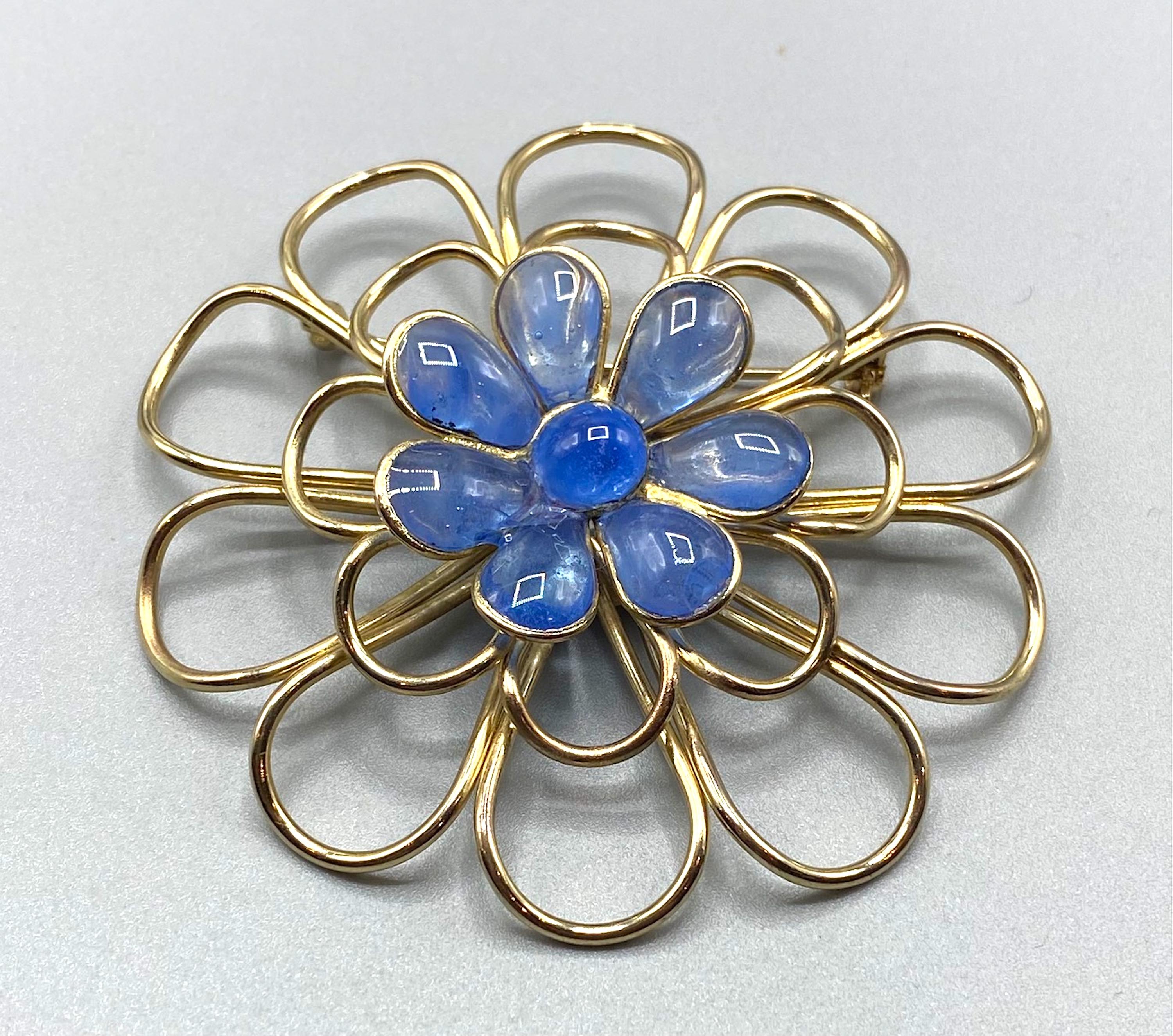 A very rare and elegant Flower Brooch , by famous company Gripoix, open gold plated flower petals, with  poured Glass inclusion in the center, creating a small flower inside.
Signed Augustine by Thierry Gripoix in the back, measures 3