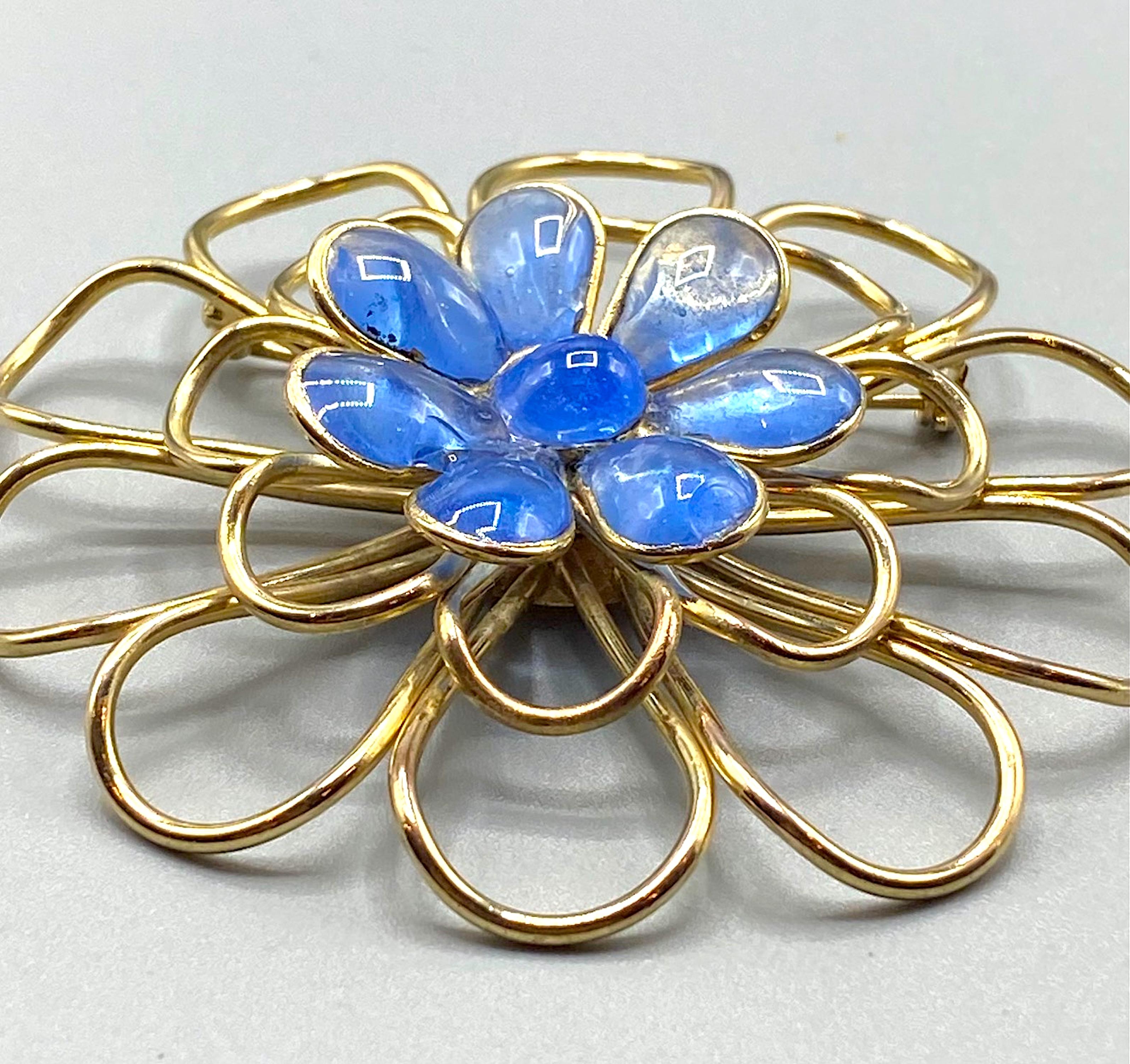 Augustine By  Gripoix, Gold and Blue Glass Flower Brooch 2