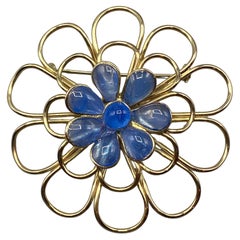 Augustine By  Gripoix, Gold and Blue Glass Flower Brooch