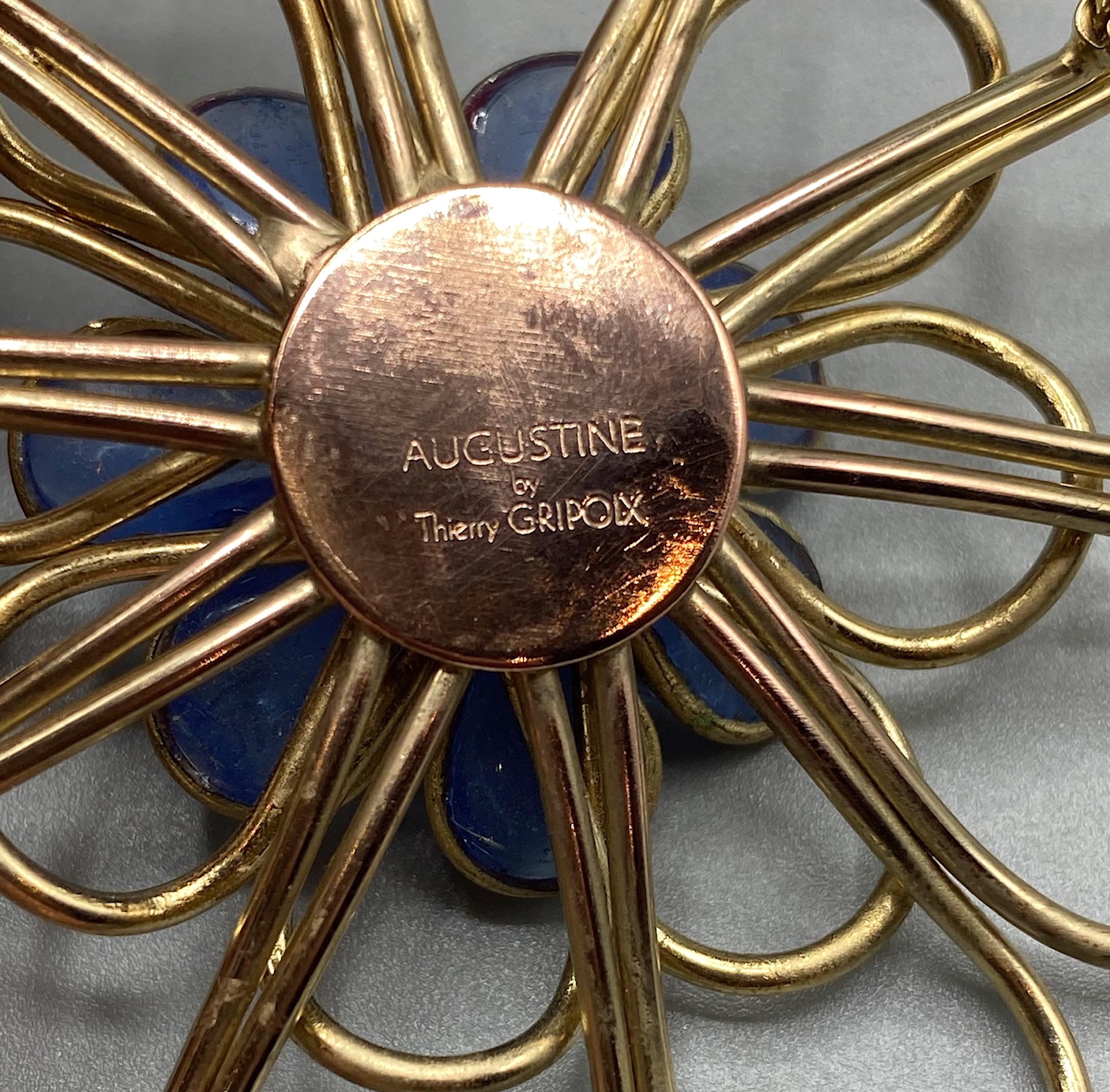 Augustine By Gripoix, Gold and Blue Poured Glass Flower Brooch For Sale 6