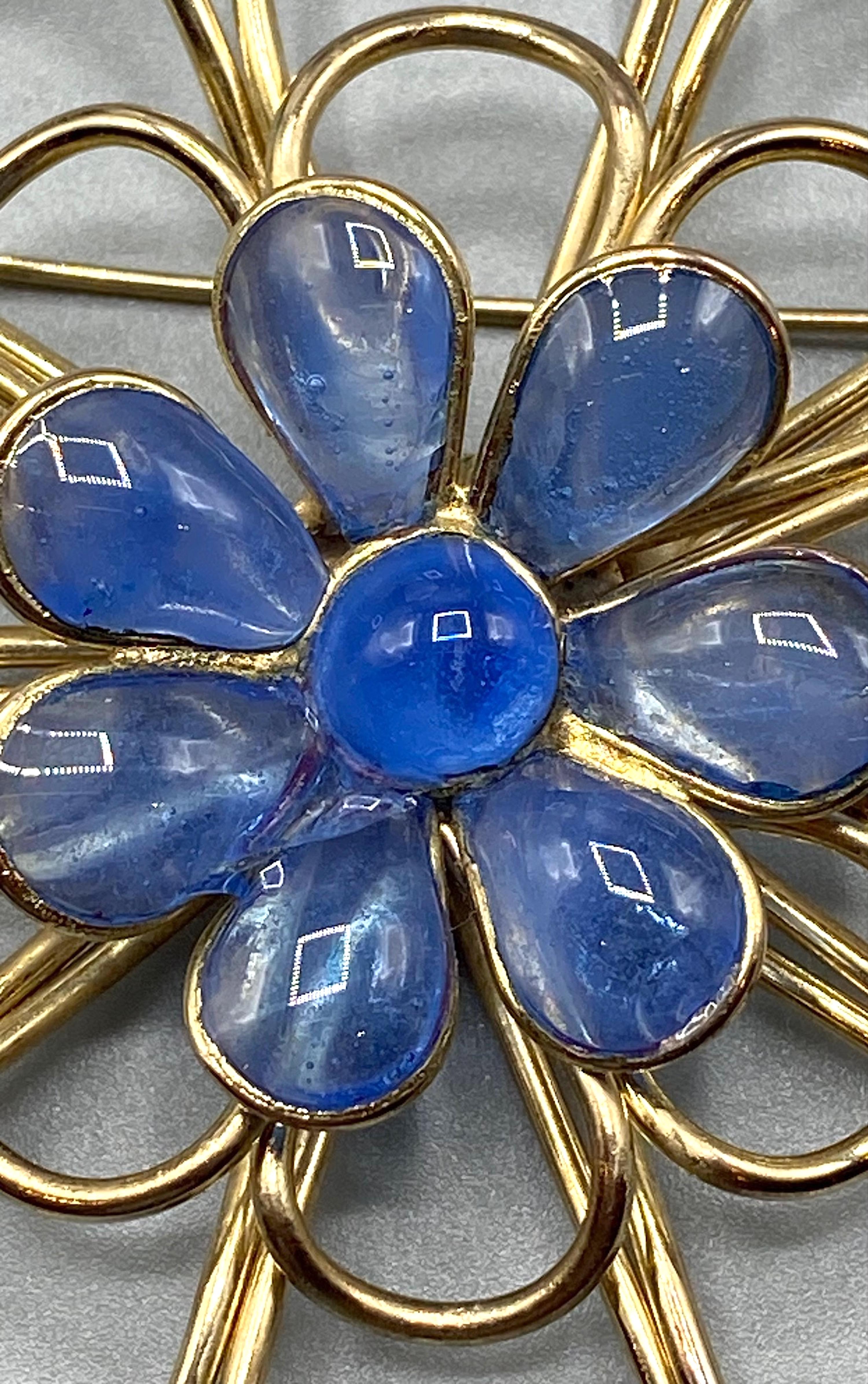 Women's Augustine By Gripoix, Gold and Blue Poured Glass Flower Brooch For Sale