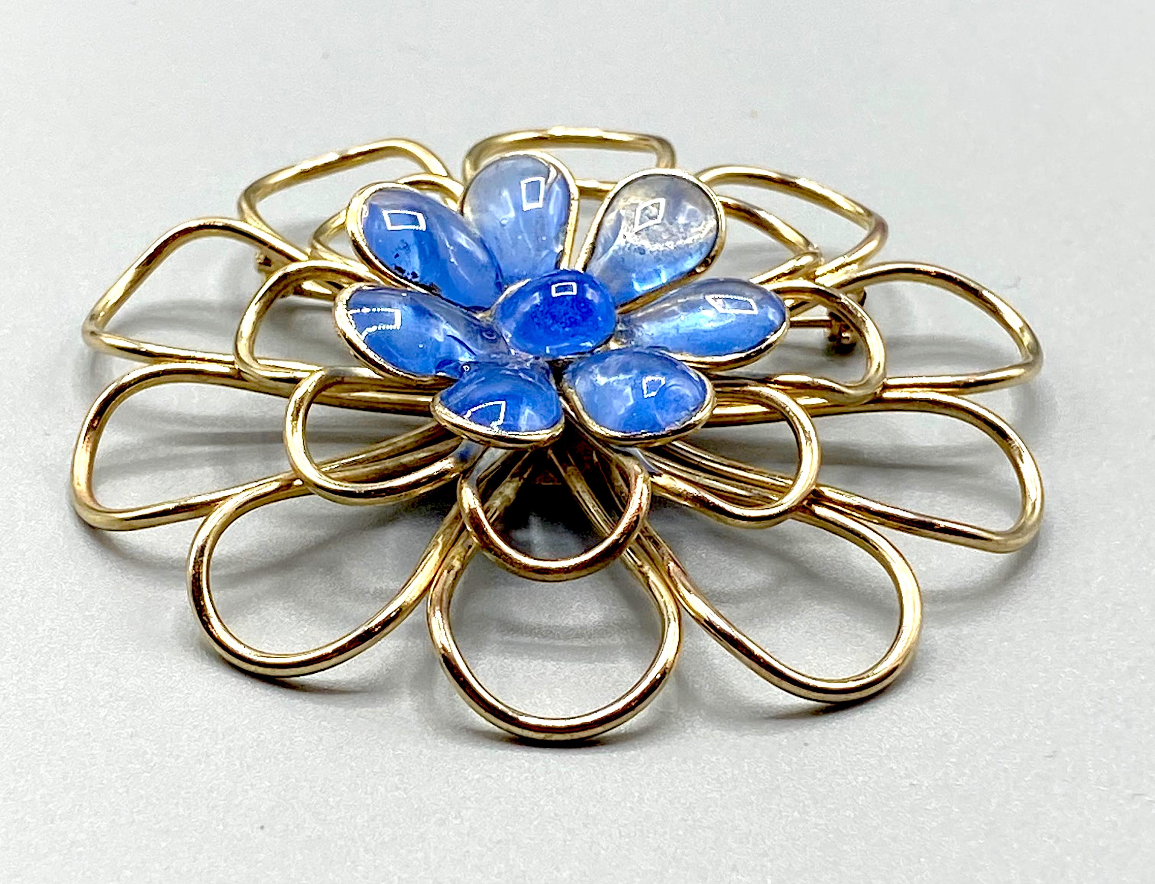 Augustine By Gripoix, Gold and Blue Poured Glass Flower Brooch For Sale 3