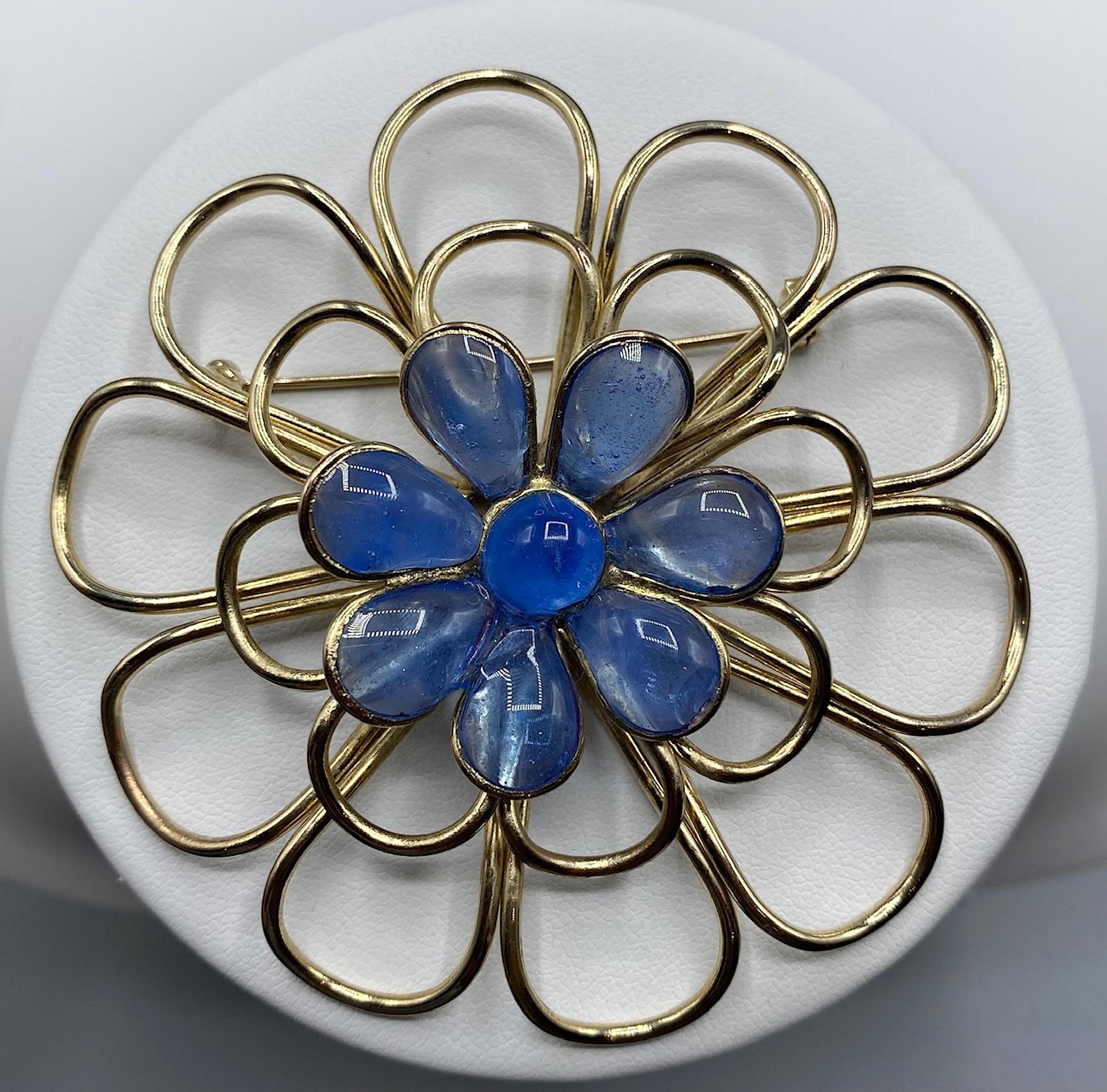 Augustine By Gripoix, Gold and Blue Poured Glass Flower Brooch For Sale 4