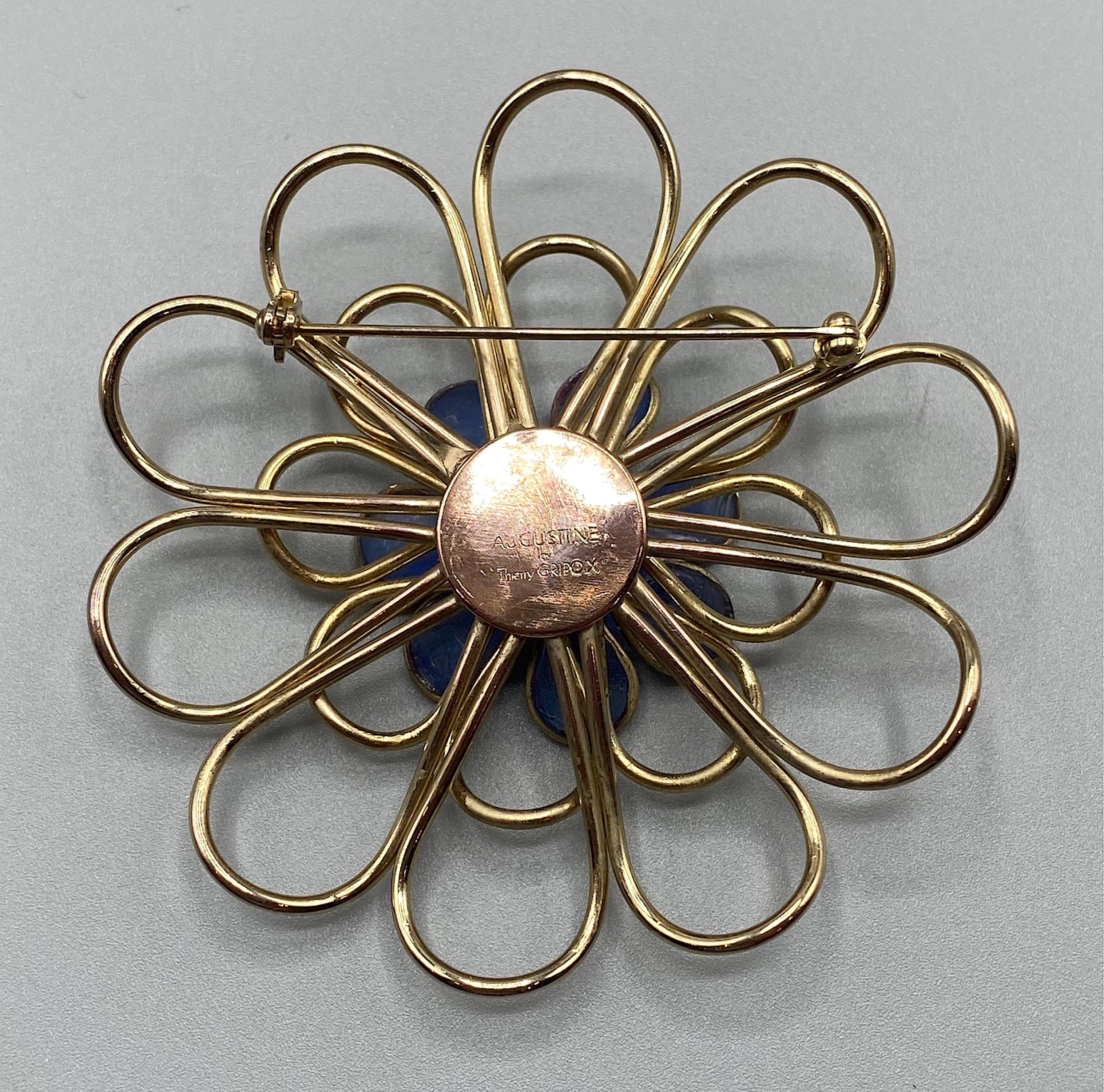 Augustine By Gripoix, Gold and Blue Poured Glass Flower Brooch For Sale 5