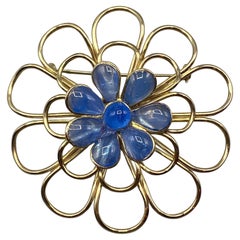 Vintage Augustine By Gripoix, Gold and Blue Poured Glass Flower Brooch