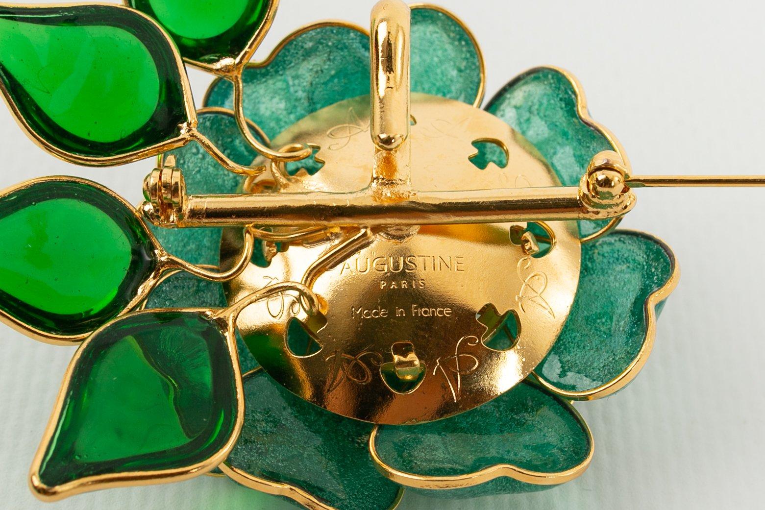 Augustine Camellia Brooch in Gilded Metal and Green Glass Paste 2