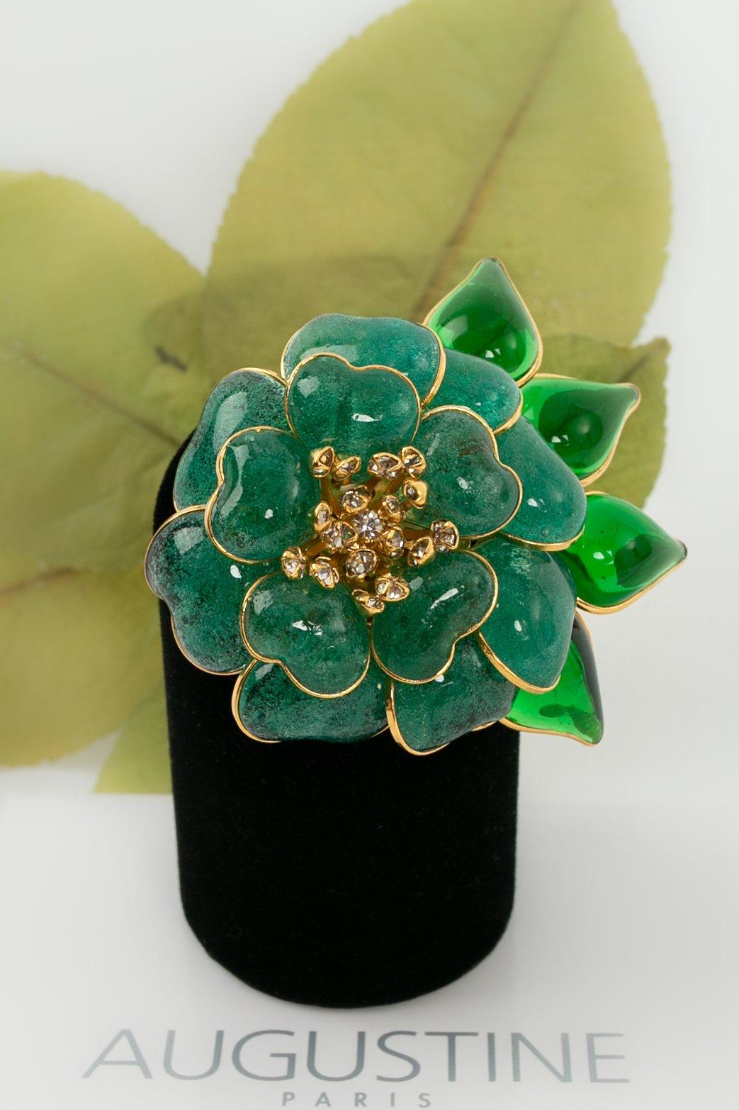 Augustine Camellia Brooch in Gilded Metal and Green Glass Paste 4
