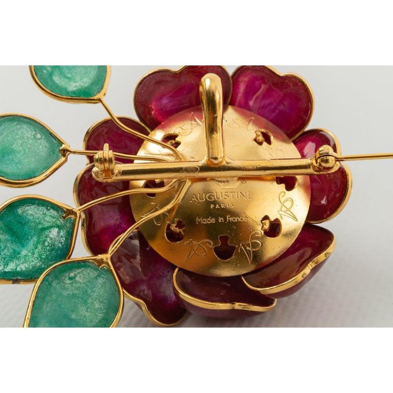 Augustine Camellia Brooch in Gilded Metal, Garnet and Green Glass Paste For Sale 3