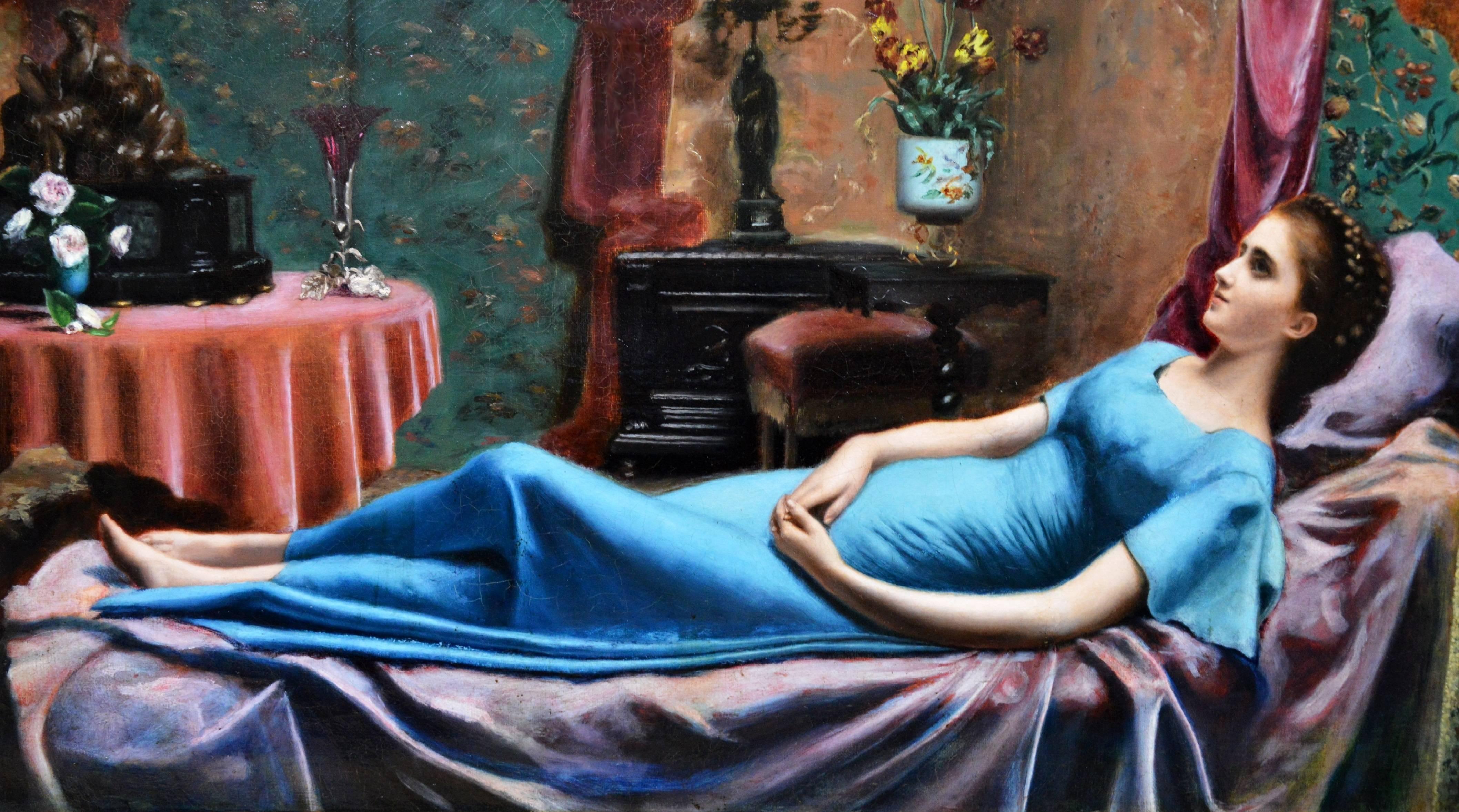 This is a large fine 19th century oil on canvas depicting a beautiful young woman reclining on a chaise in an opulent salon by the distinguished French artist Augustine Damourette (1879-1890). The painting is signed and dated 1882. It is sold here