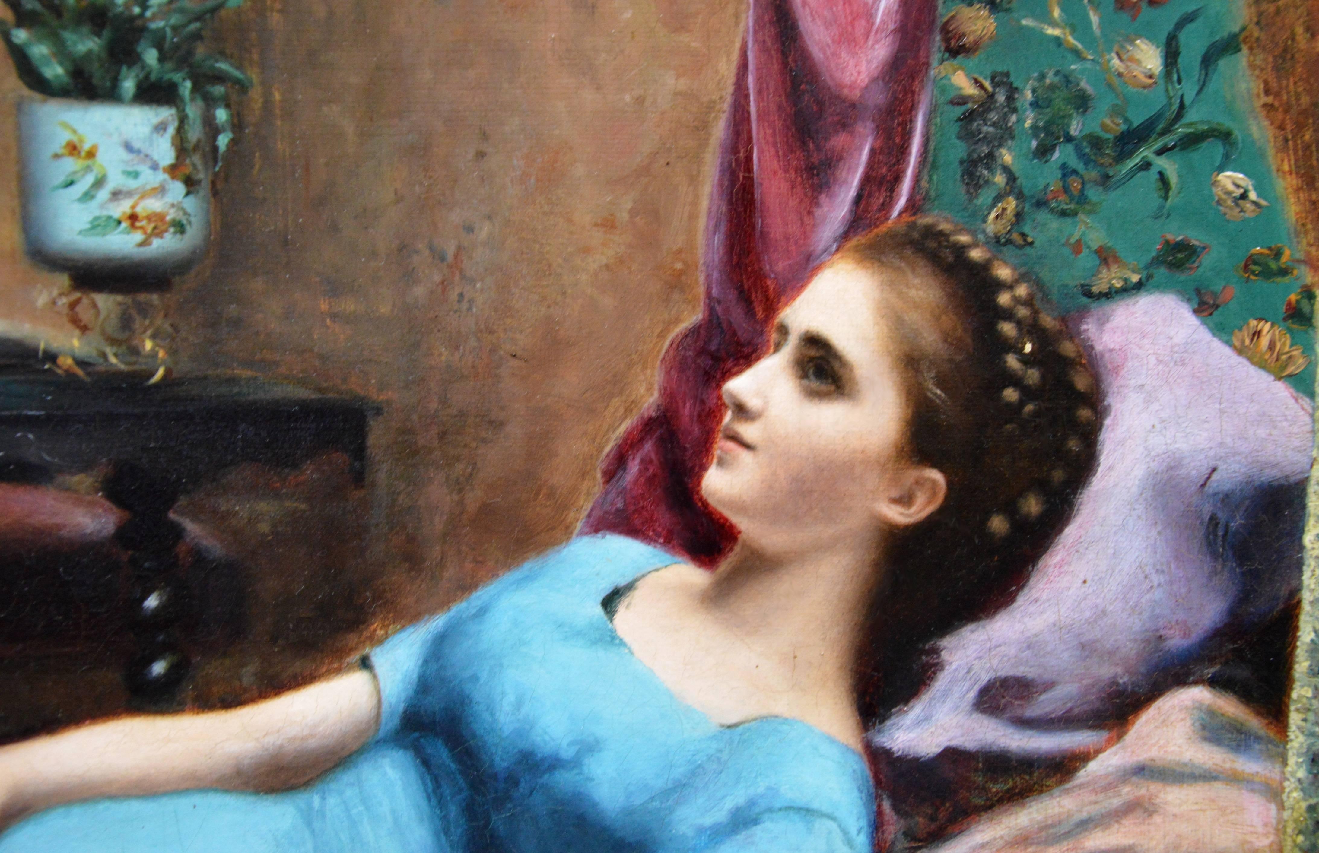 Young Parisian Beauty in a Blue Dress - 19th Century French Oil Painting - 1882 2