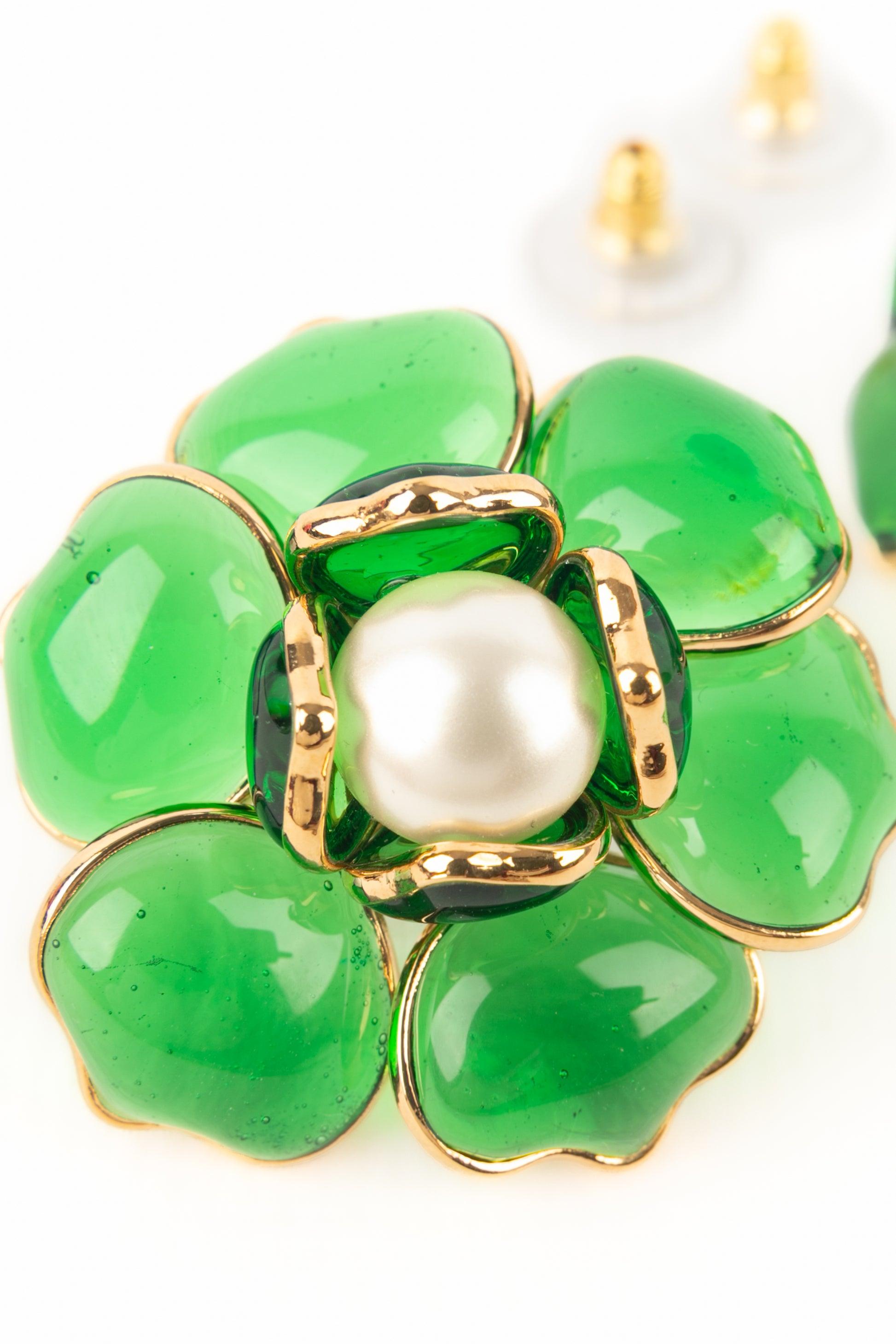 Augustine Dark-green Golden Metal Flower Earrings For Sale