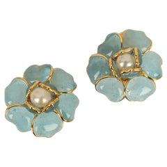 Augustine Earrings in Gold metal, Blue Glass Paste and Fancy Pearl