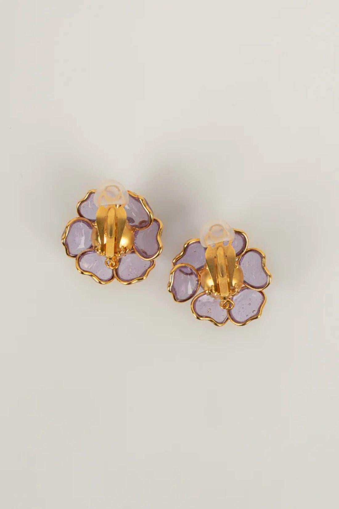 Augustine Earrings in Gold-Plated metal, Purple Glass Paste and Fancy Pearl For Sale 1