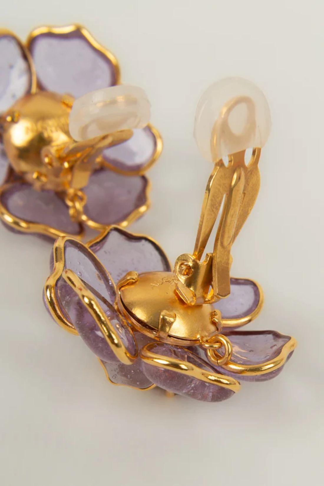 Augustine Earrings in Gold-Plated metal, Purple Glass Paste and Fancy Pearl For Sale 2