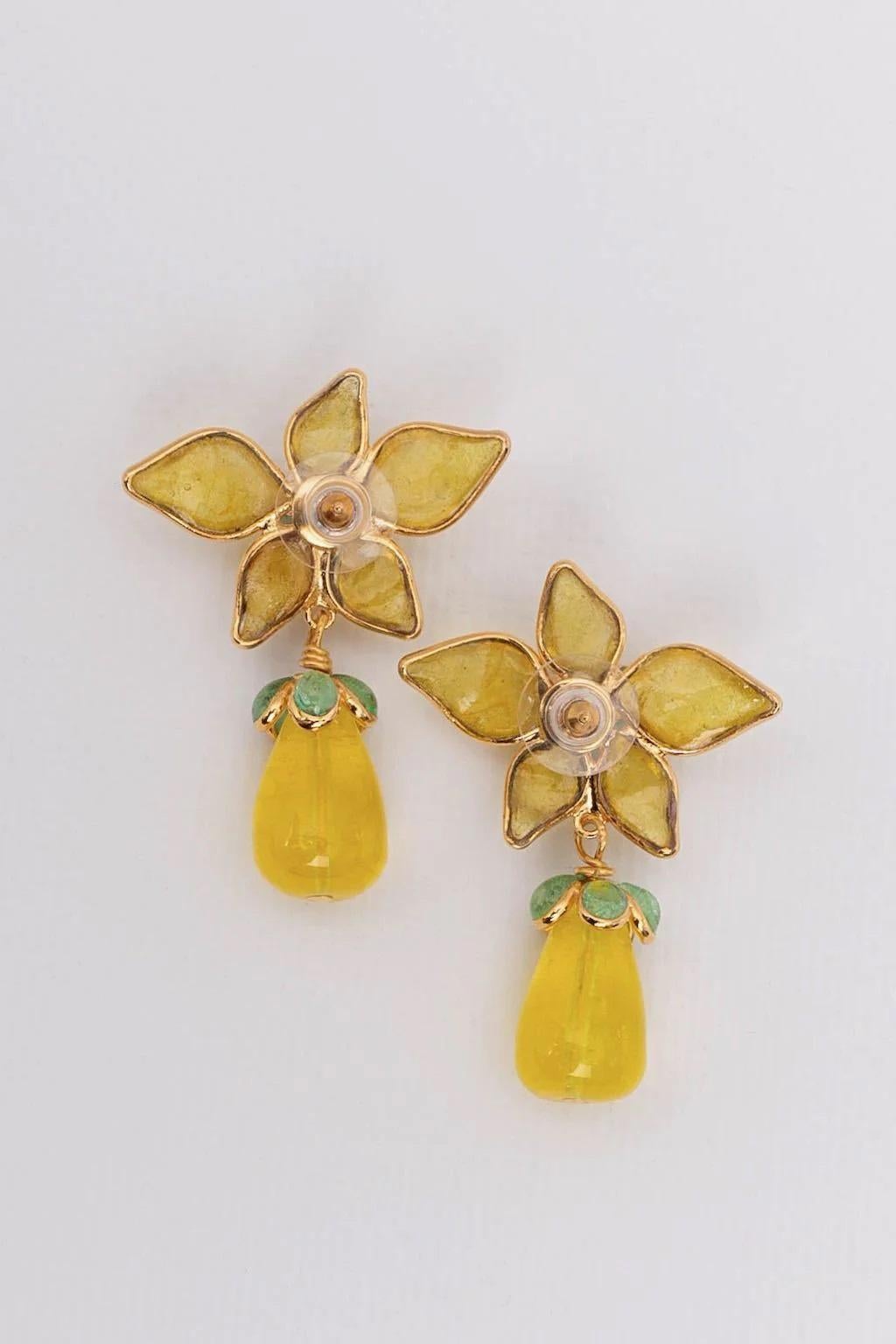 Artist Augustine Flower Gilted Metal Earrings with Yellow Glass Paste For Sale