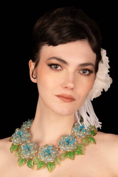 Augustine Paris Gilt Metal Necklace with Blue Glass Flowers, France
