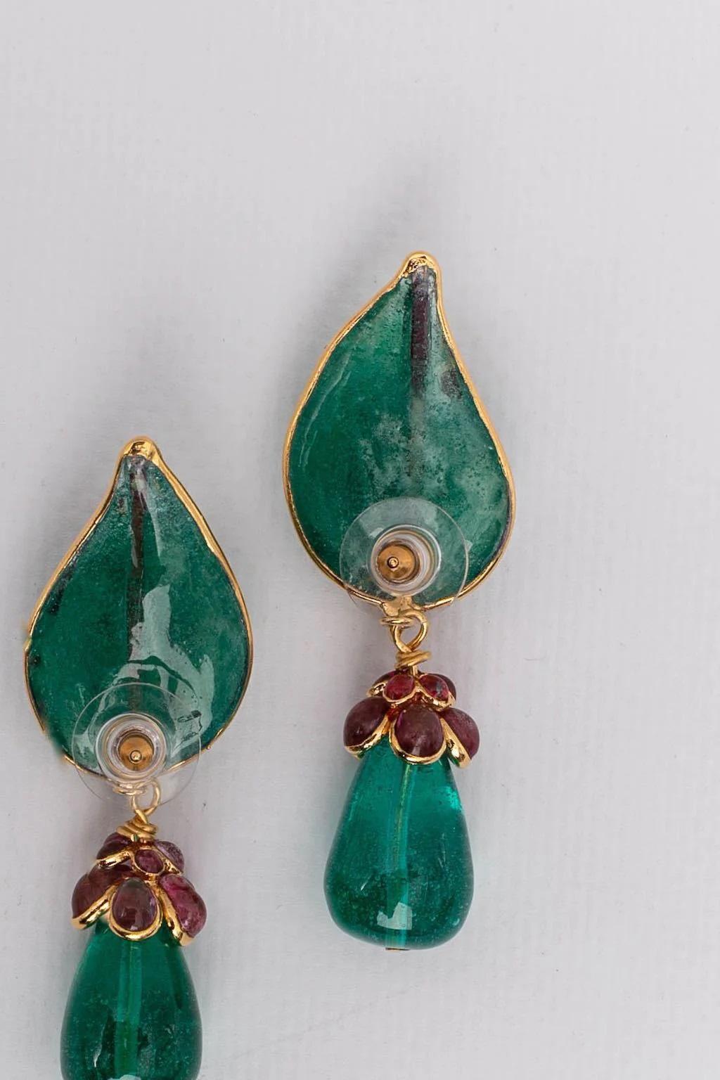 Artist Augustine Gilted Metal Earrings with Green Glass Paste For Sale