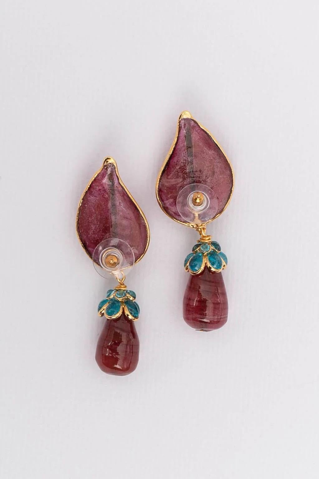 Artist Augustine Gilted Metal Earrings with Pink Glass Paste For Sale