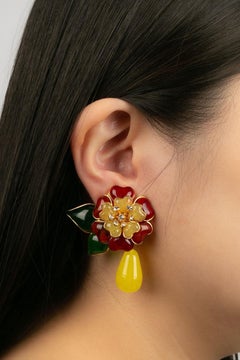 Augustine Gold Metal and Red Glass Paste Clip Earrings