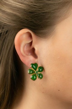 Augustine Golden Metal and Green Glass Flower Earrings