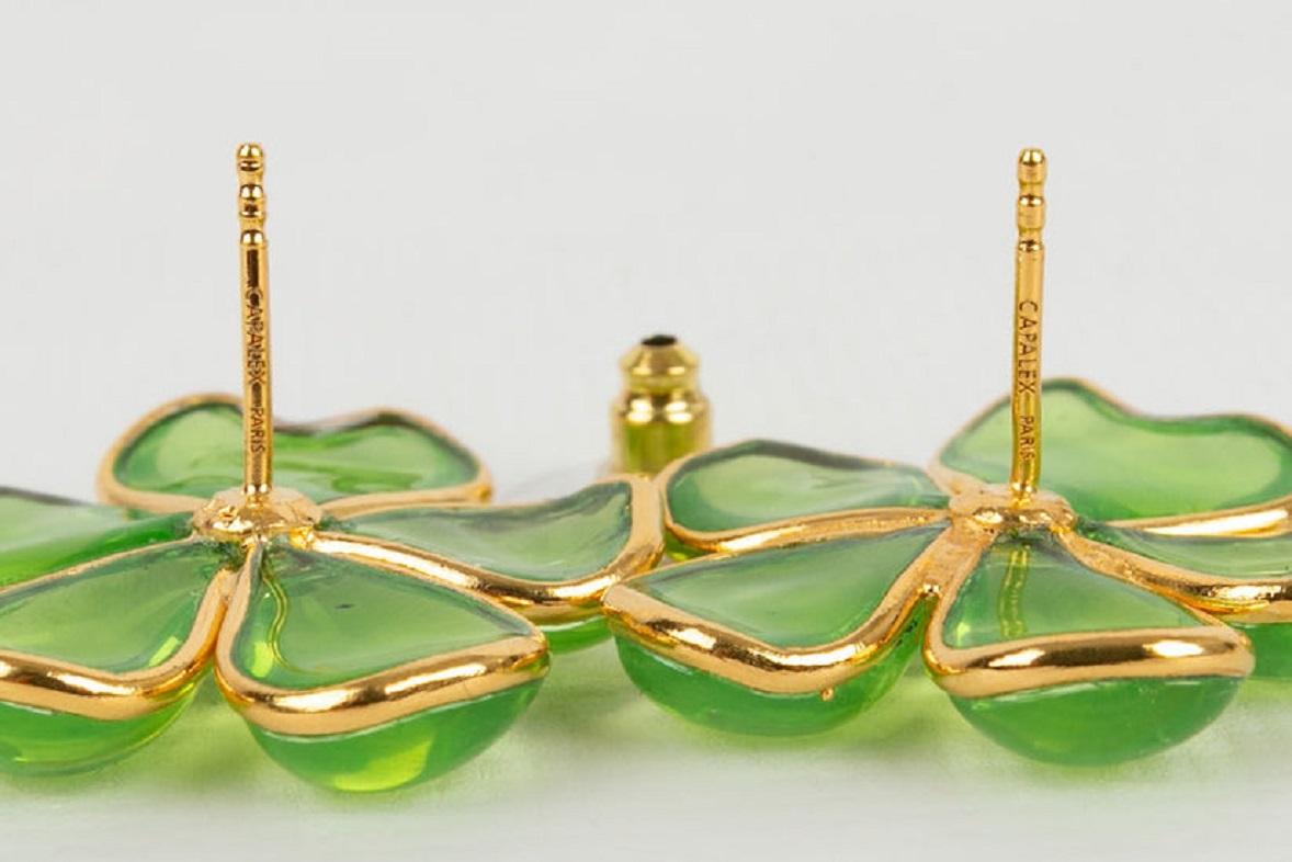 Augustine Golden Metal and Light Green Glass Flower Earrings For Sale 1