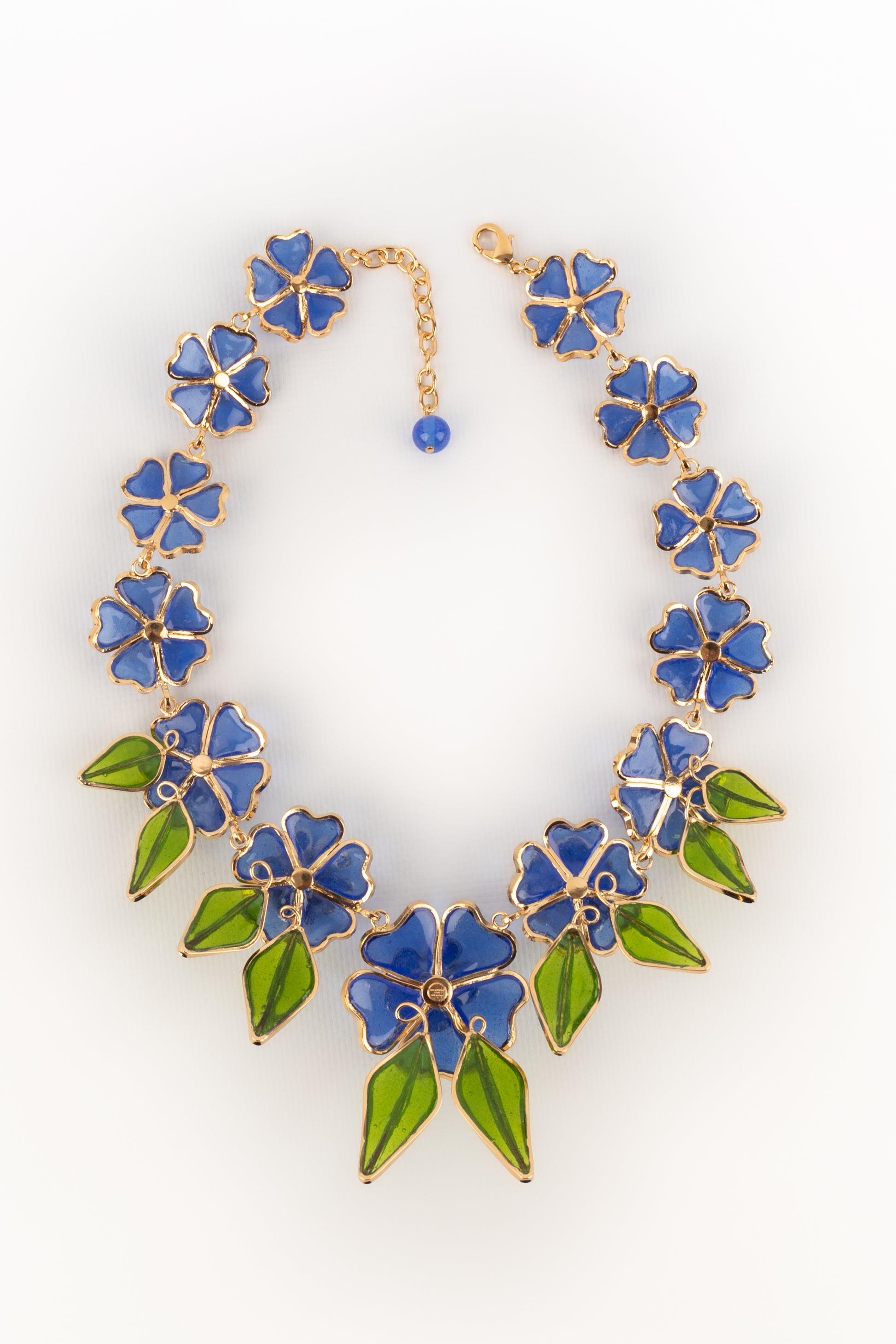 Augustine Golden Metal Blue Flower Necklace For Sale 3