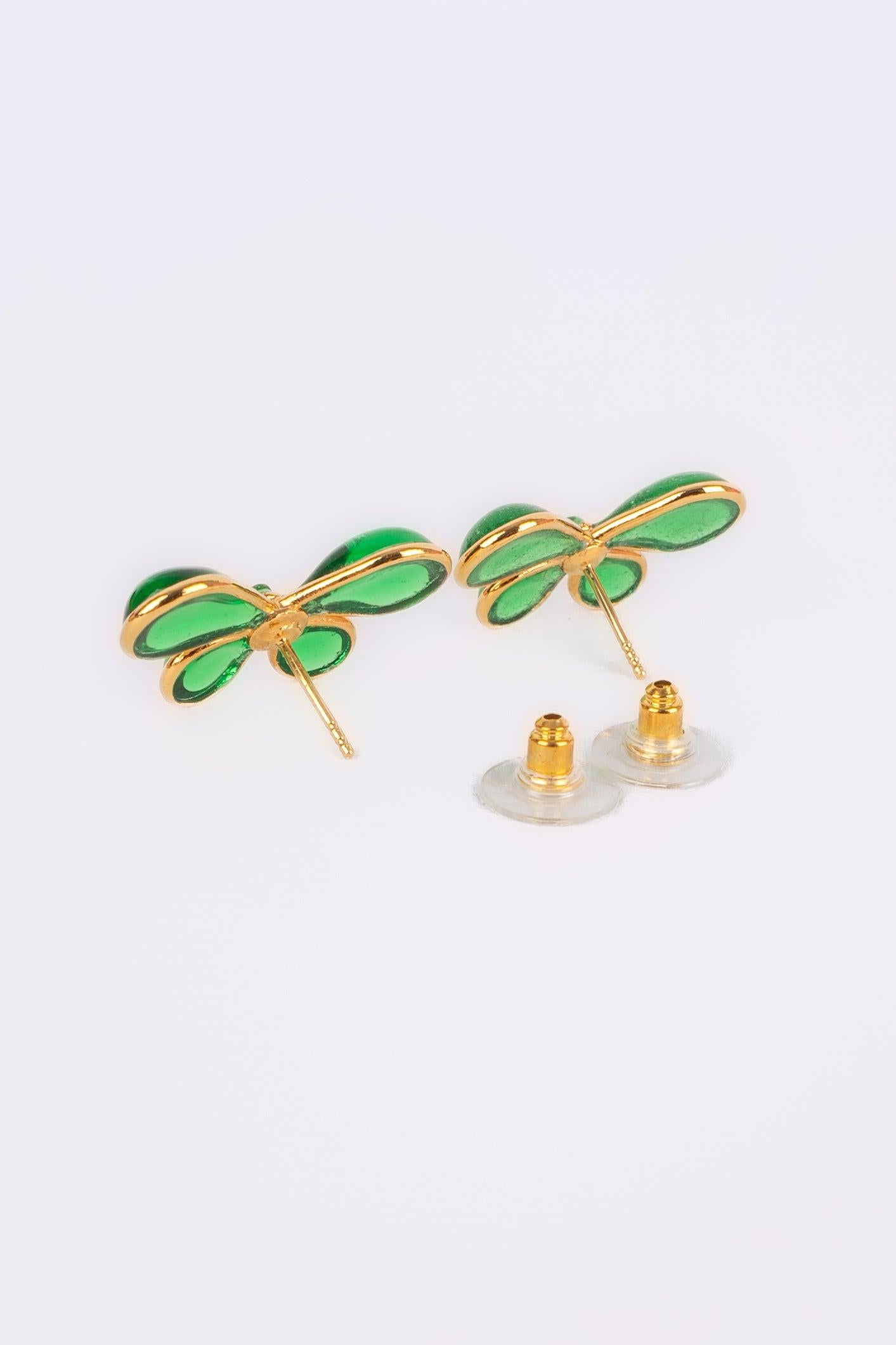 Women's Augustine Golden Metal Butterfly Earrings with Dark-Green Glass Paste For Sale