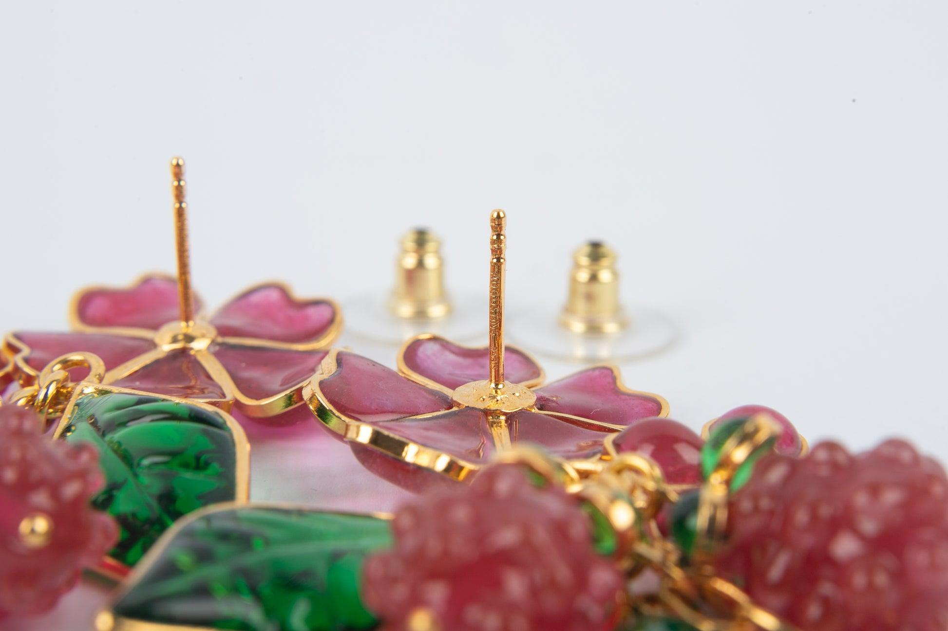 Augustine Golden Metal Earrings with Glass Paste Raspberries For Sale 2