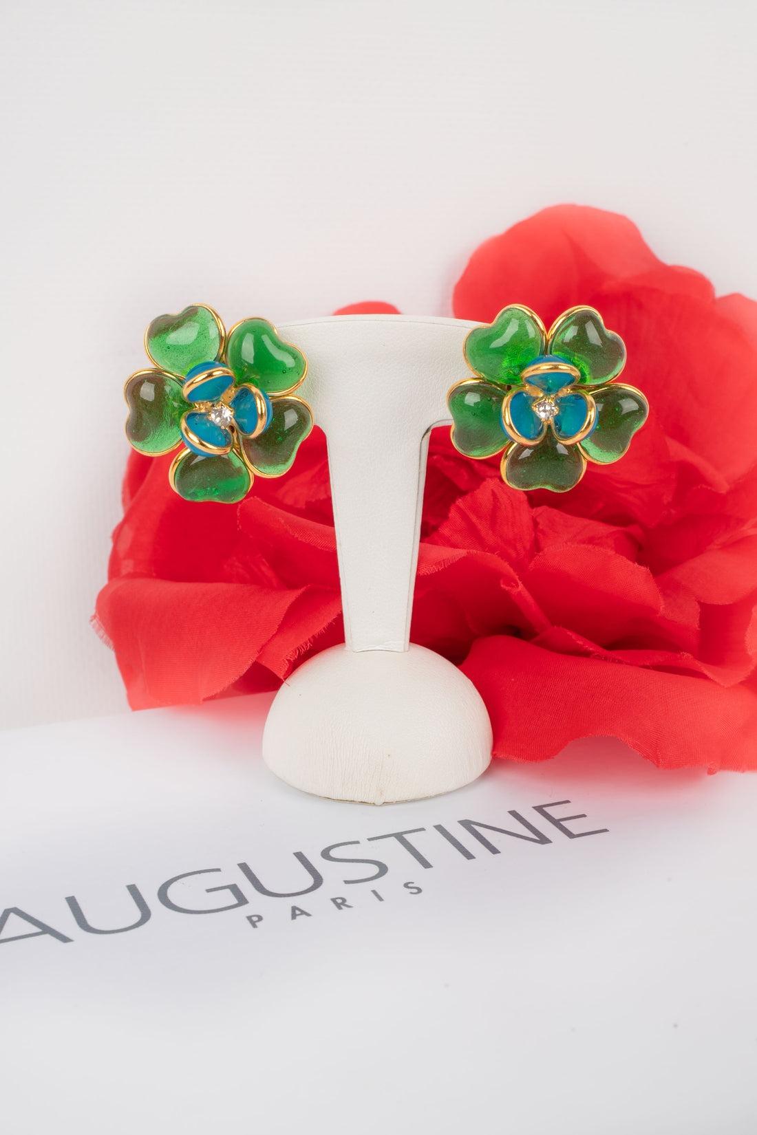 Augustine Golden Metal Earrings with Green and Blue Glass Paste For Sale 3