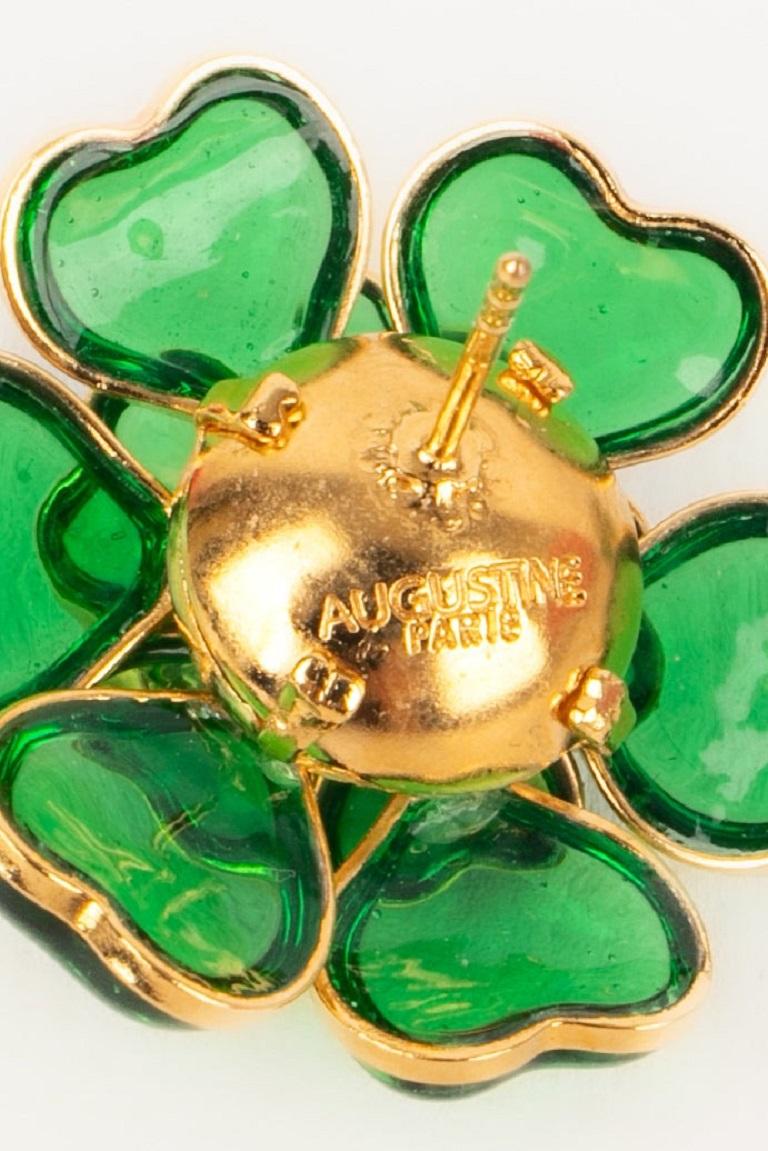Augustine Golden Metal Earrings with Green Glass Paste and Rhinestones For Sale 2