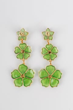 Augustine Golden Metal Earrings with Rhinestones and Light Green Glass Paste