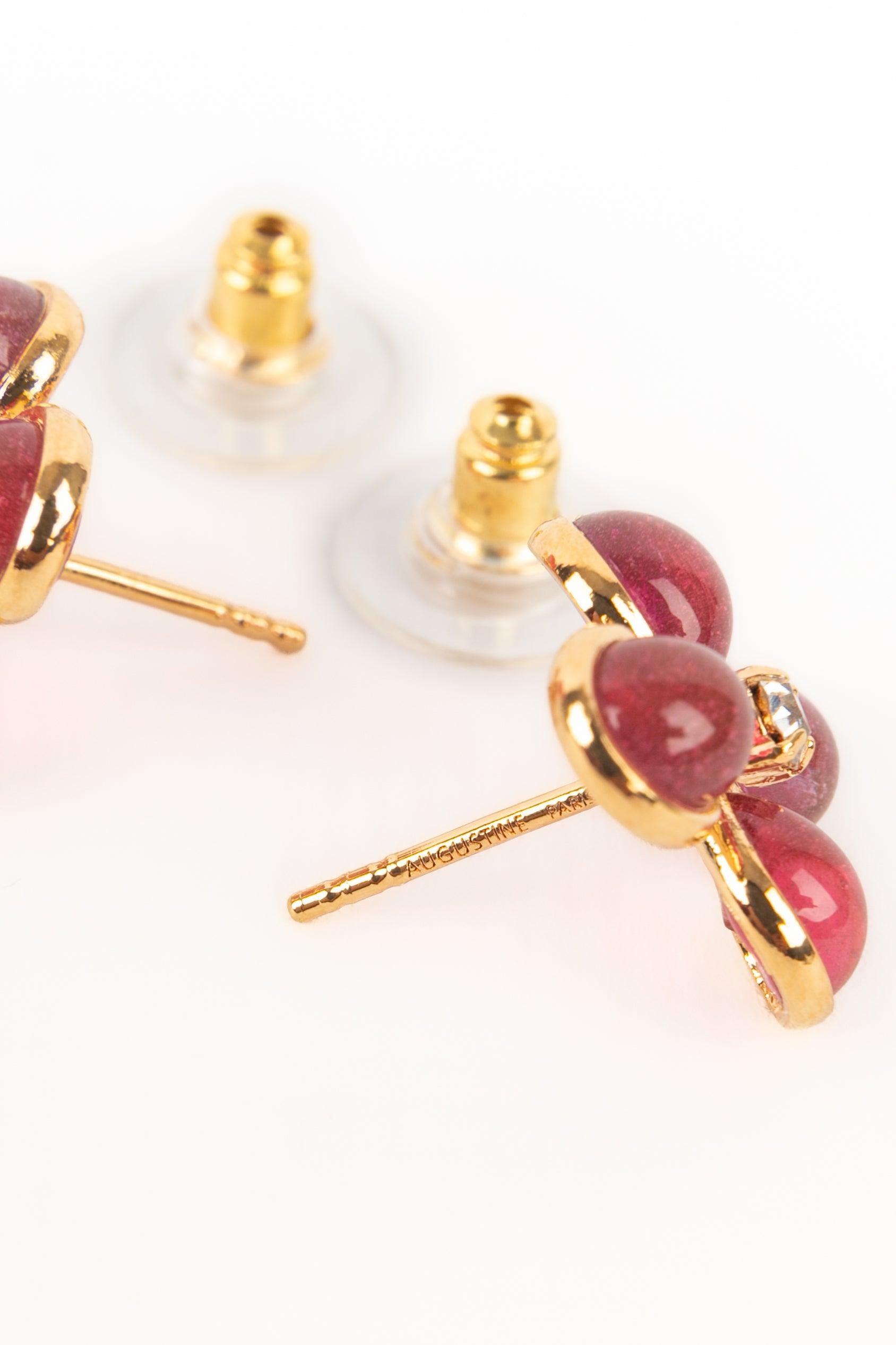 Women's Augustine Golden Metal Earrings with Rhinestones and Pink Glass Paste For Sale
