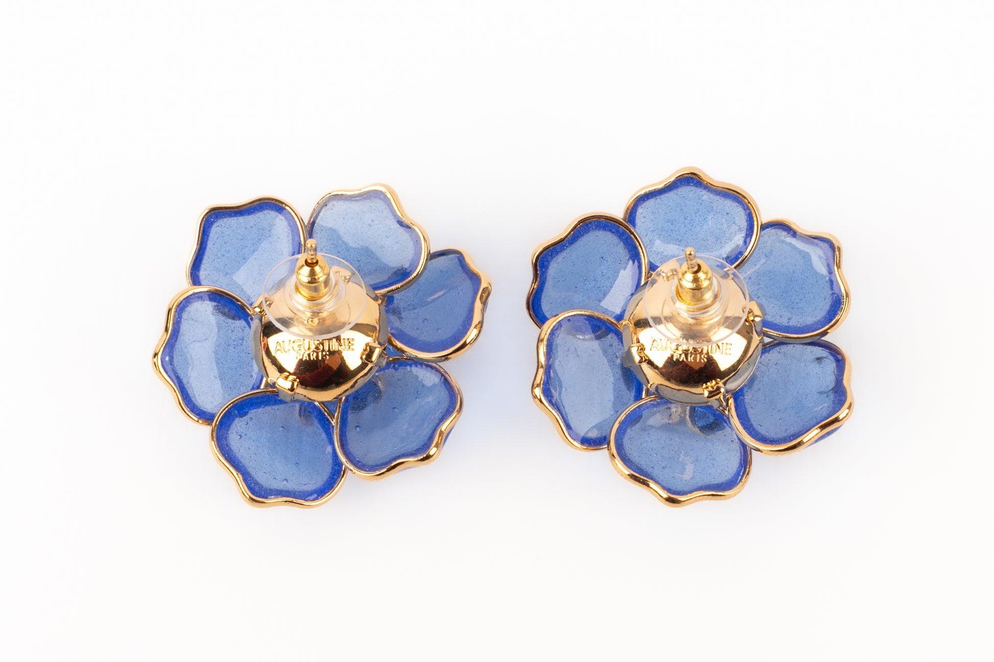 Boucles d'oreilles Augustine Fleur en métal doré avec pâte de verre bleue Excellent état - En vente à SAINT-OUEN-SUR-SEINE, FR