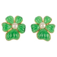 Augustine Golden Metal Flower Earrings with Green Glass Paste