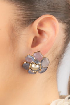 Augustine Golden Metal Flower Earrings with Lavender-blue Glass Paste