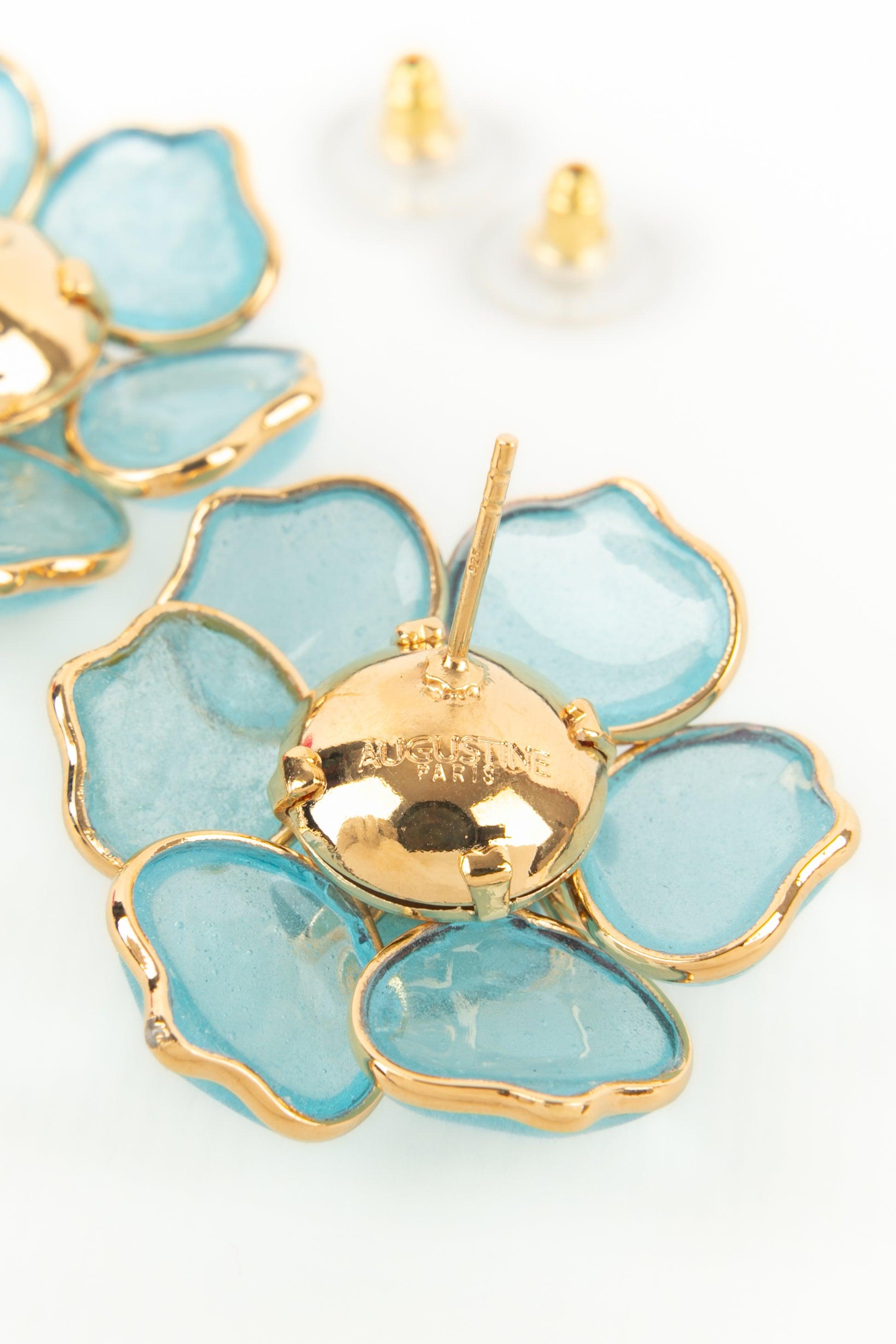 Augustine Golden Metal Flower Earrings with Light-blue Glass Paste For Sale 1